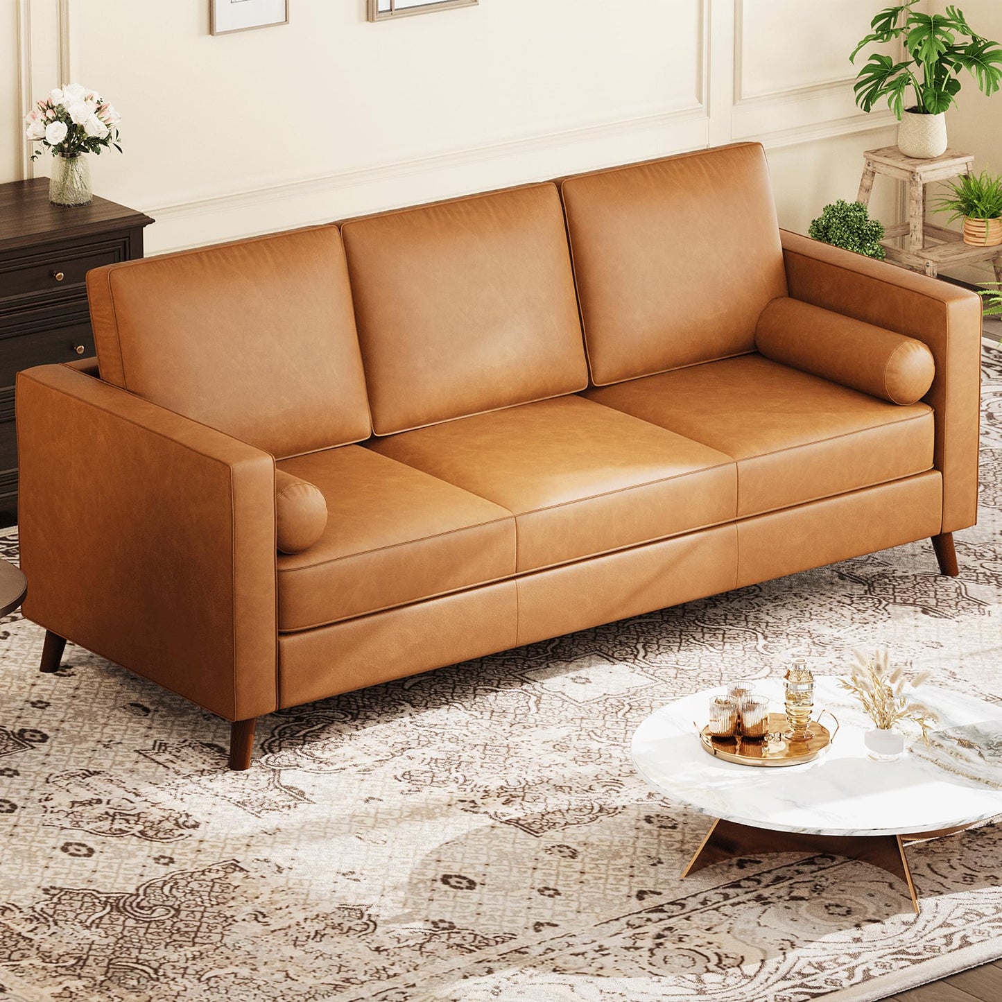 GAOMON 86" Leather Sofa, Mid-Century Modern Couch, Faux Leather Couch with Deep Seats, 3-Seat Sofa for Living Room, Office, Cognac Tan