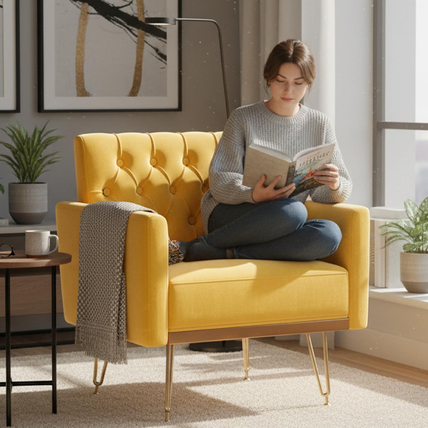 KEIKI Small Velvet Accent Chair, 31 Inch Modern Tufted Upholstered Armchair with Metal Leg, Comfortable Single Sofa Side Reading Chairs, Comfy Arm Chair for Bedroom Living Room, Easy Assembly, Yellow