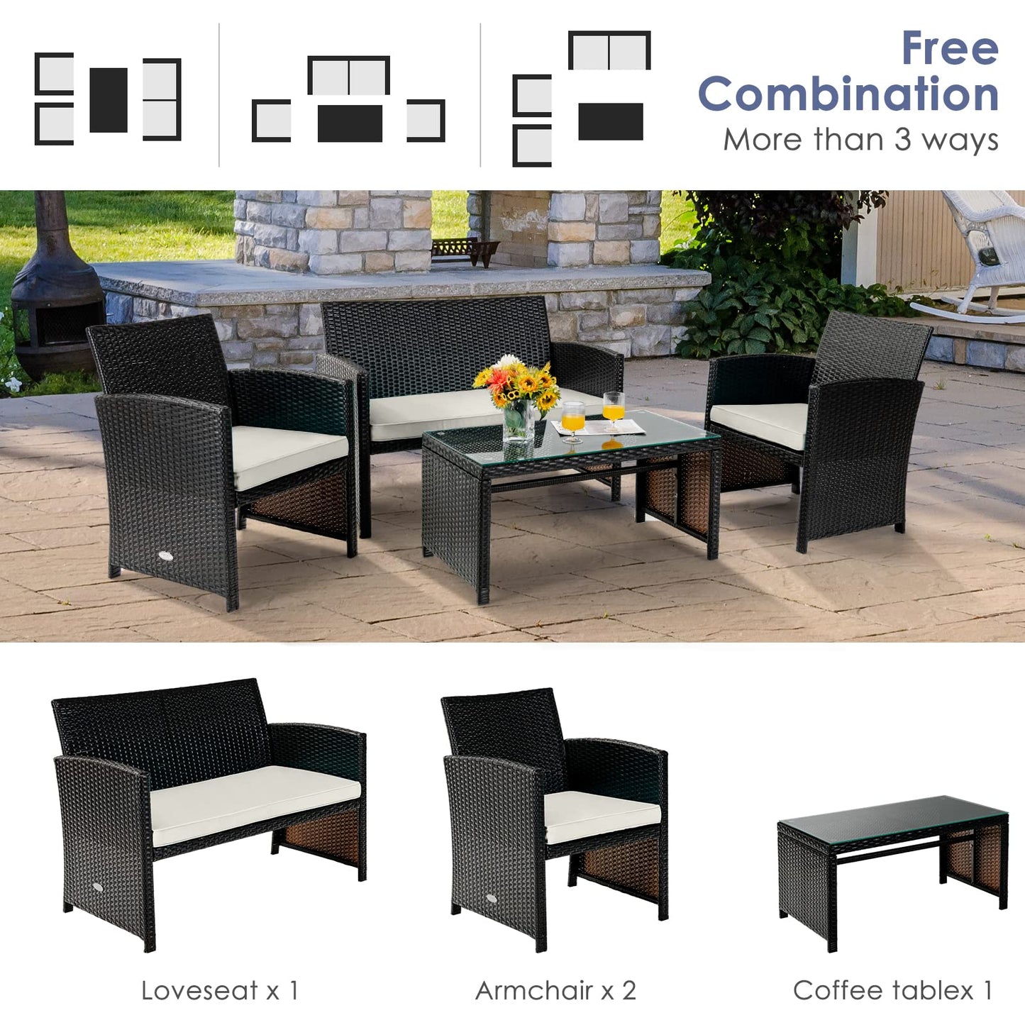 COSTWAY 4 Piece Patio Furniture Set, Outdoor PE Rattan Wicker Sectional Sofa with Cushion and Coffee Table, Patio Conversation Sets for Balcony Lawn Porch Patio Backyard Garden Poolside, White