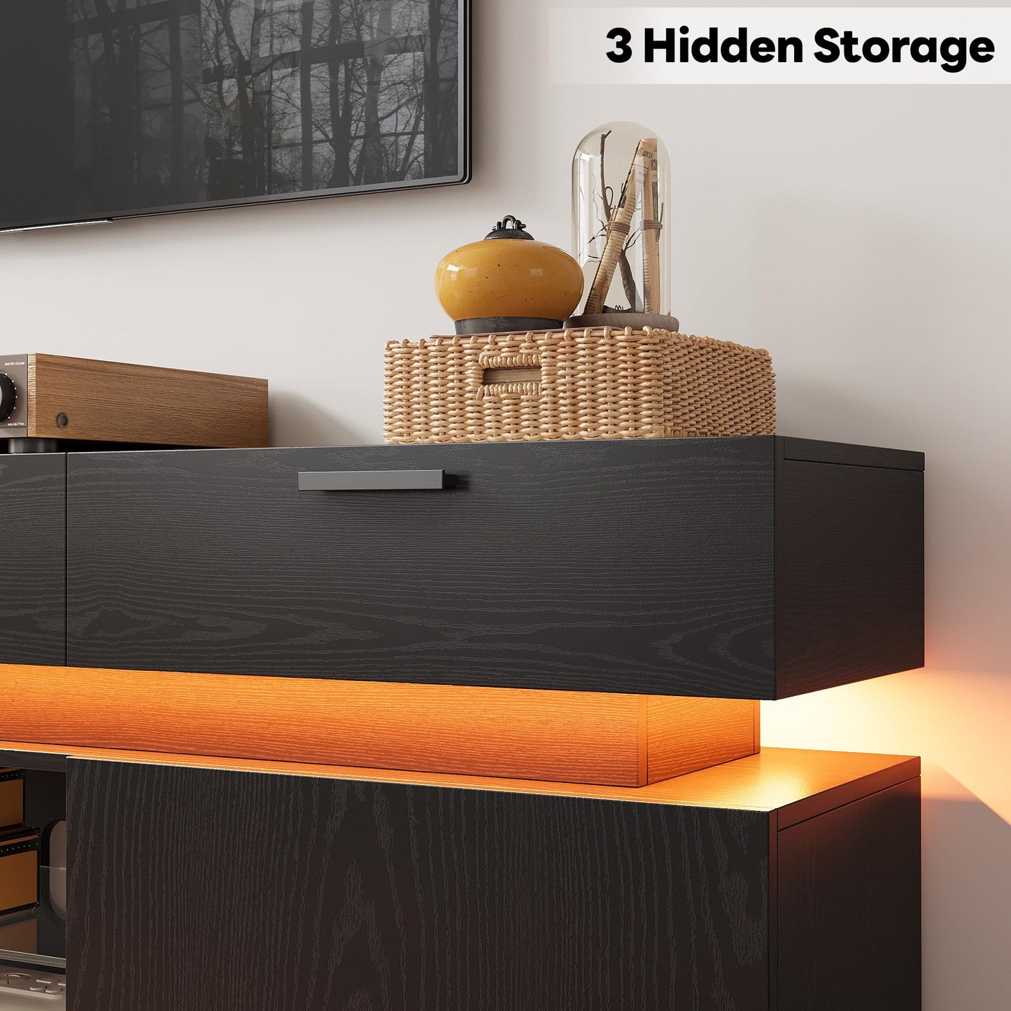 LIKIMIO Black TV Stand for TVs 85 inch, Entertainment Center with Power Outlets & LED Lights, TV Media Console Table with Cabinets, Drawers and Open Storage Shelves, Modern TV Stand for Living Room