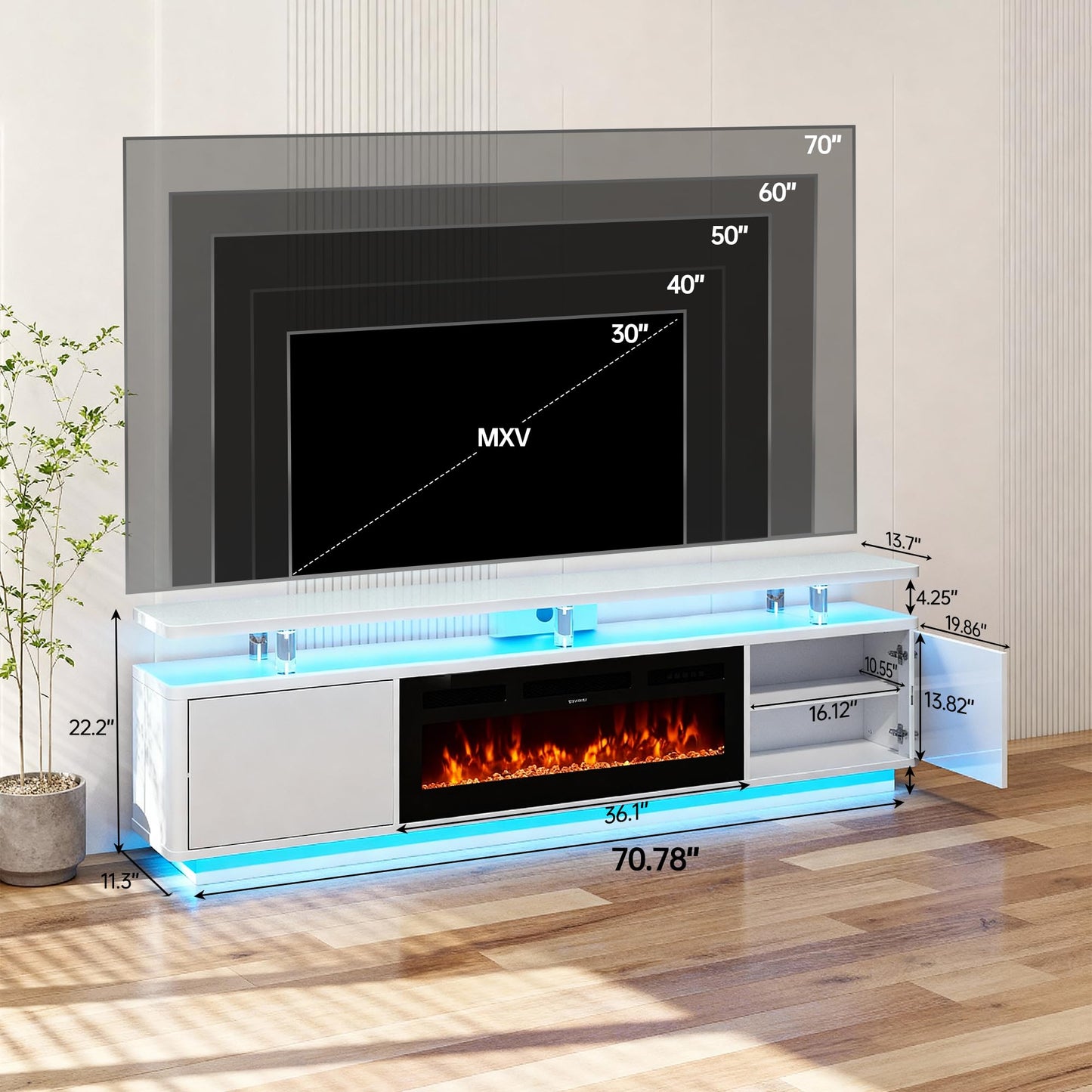 MXV 70" Fireplace TV Stand for TVs up to 80", Entertainment Center with 36" Fireplace & Double LED Lights, TV Console with Storage Cabinets for Living Room, Home Office, White