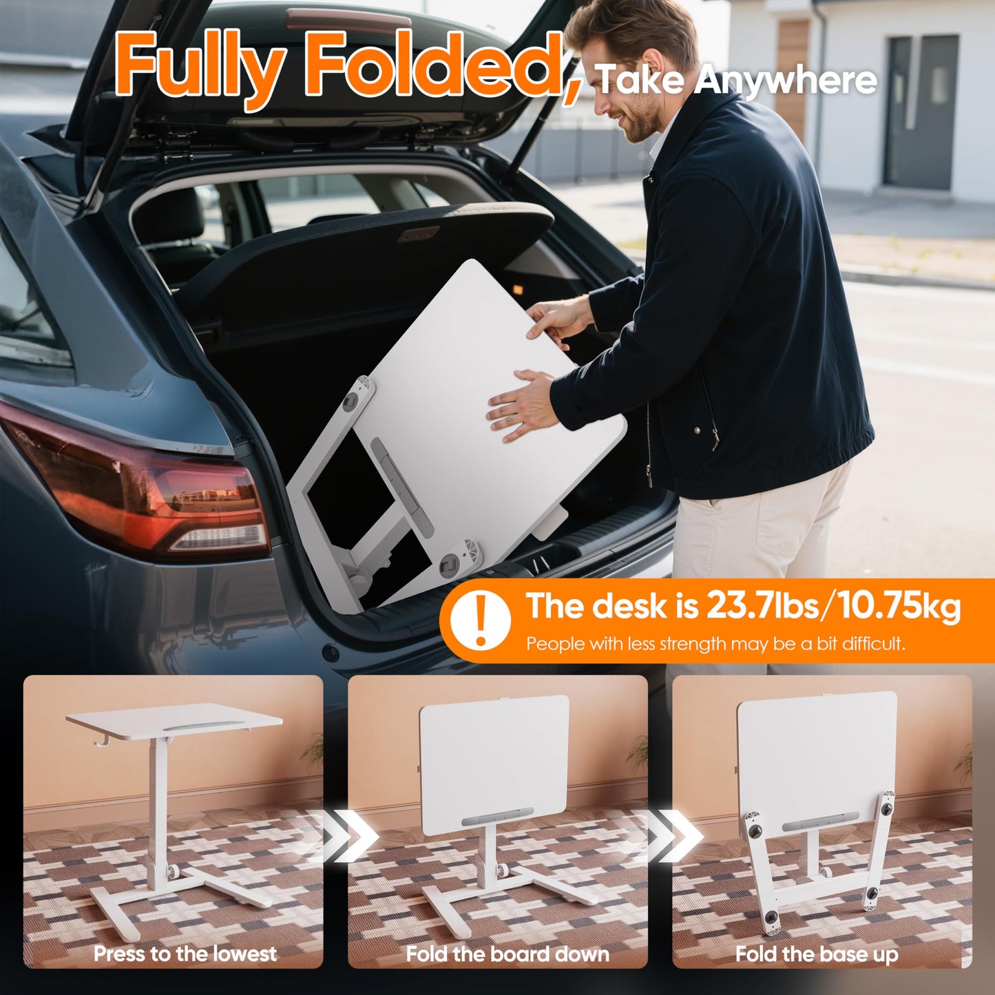 Monomi Mobile Folding Desk 25.6 Inch, Small Sit-Stand Height Adjustable Rolling Laptop Desk, Space-Saving Portable Desk with Wheels for Home Office Craft & Study, White