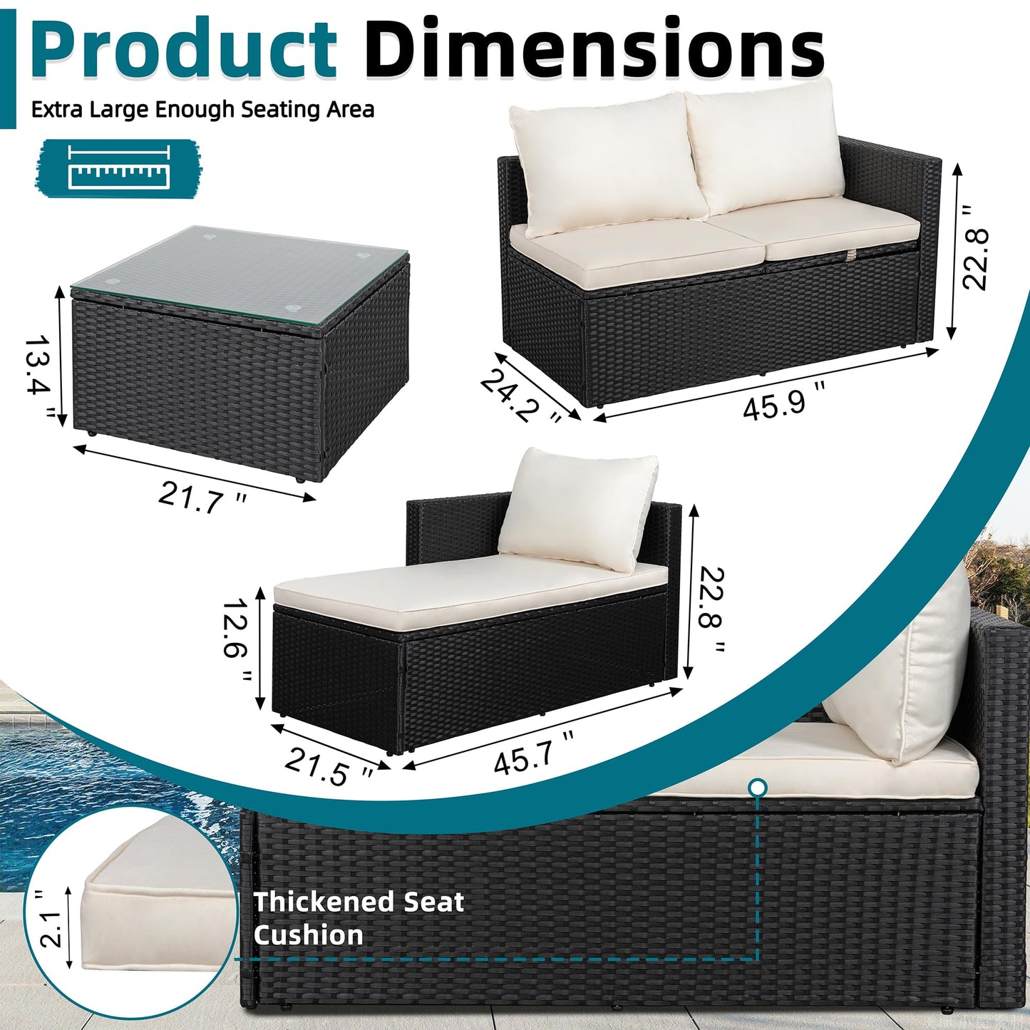 SUNLEI 3 Piece Patio Furniture Set, Outdoor PE Rattan Sectional Sofa Set with Ottoman, Detachable Cushions and Glass Coffee Table, Patio Conversation Set for Backyard Balcony Porch, Black/White