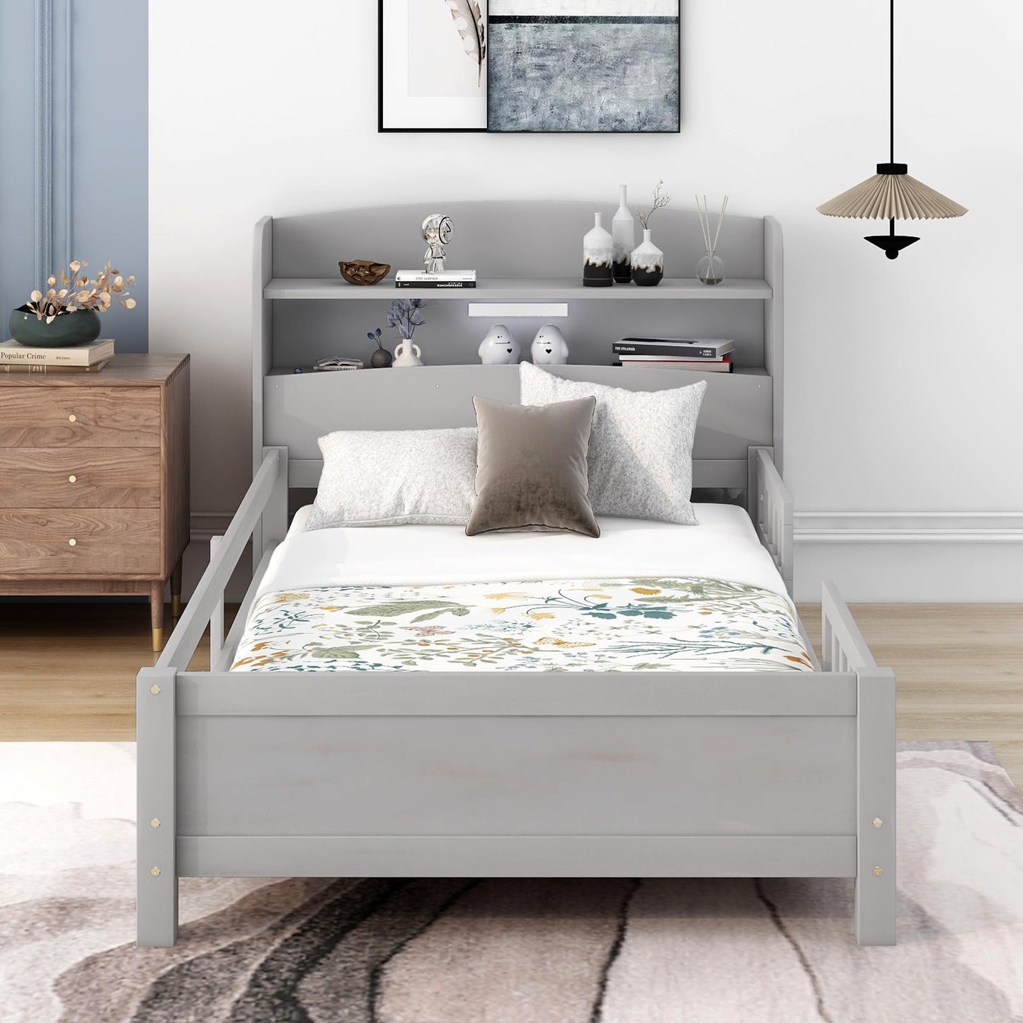 Merax Twin Bed Frame, Solid Wood Twin Size Platform Bed with Storage Headboard, Built-in Light and Safety Guardrail, Montessori Inspired Bed, No Box Spring Needed, Gray
