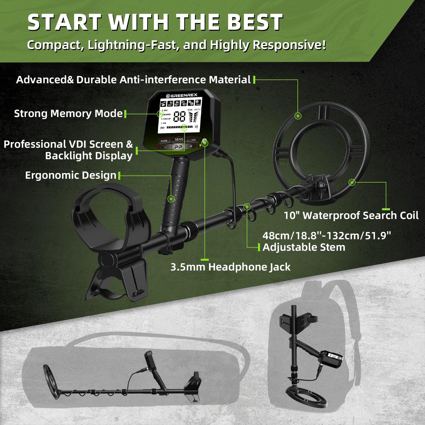 Metal Detector for Adults Professional, Rechargeable Waterproof Pinpoint, Higher Accuracy Gold and Silver Detection, Underwater and Beach Use, 10'' IP68 Coil, Backlit LCD, New Advanced DSP Chip,Green