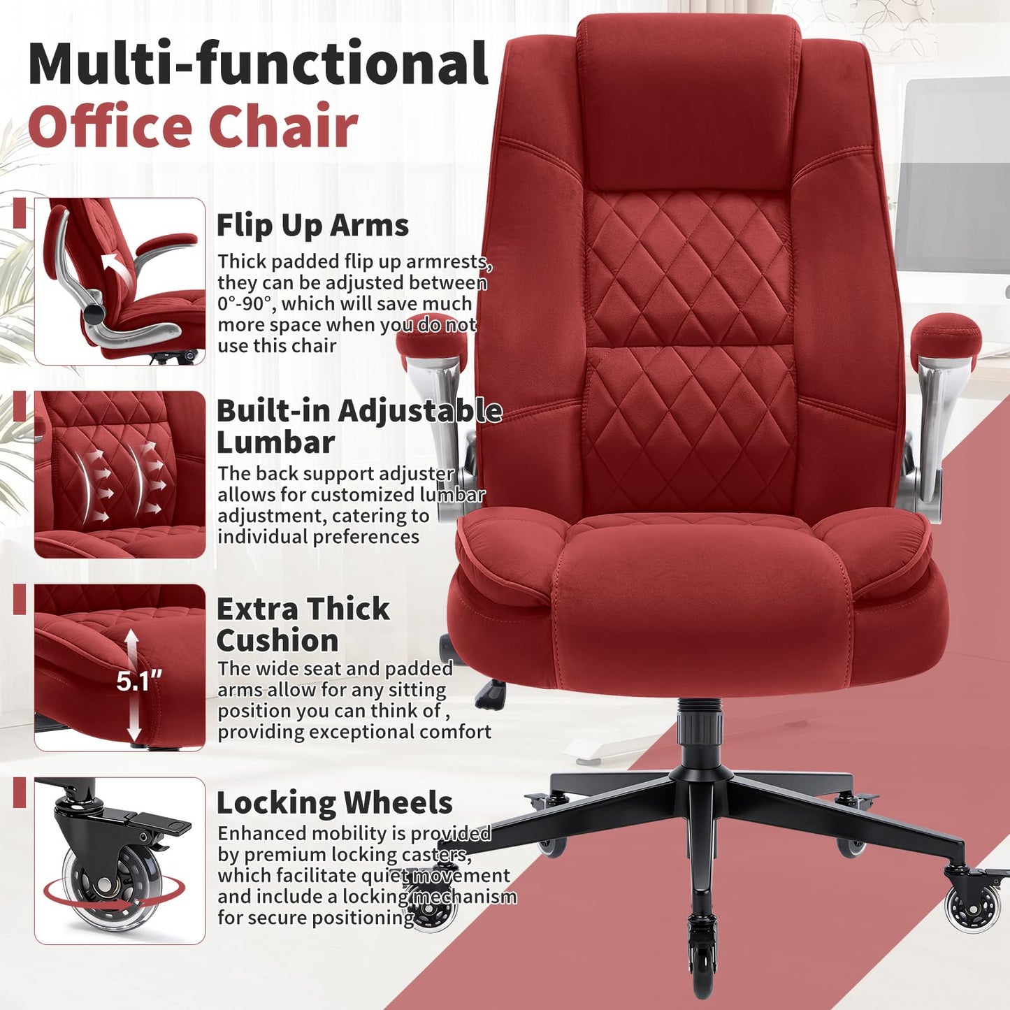 Fabric High Back Office Chair with Lockable Quiet Casters, Thick Padded Ergonomic Computer Chair- Adjustable Lumbar Support & Flip-Up Arms, Wide Executive Desk Chair for Back Pain, 400LBS Capacity
