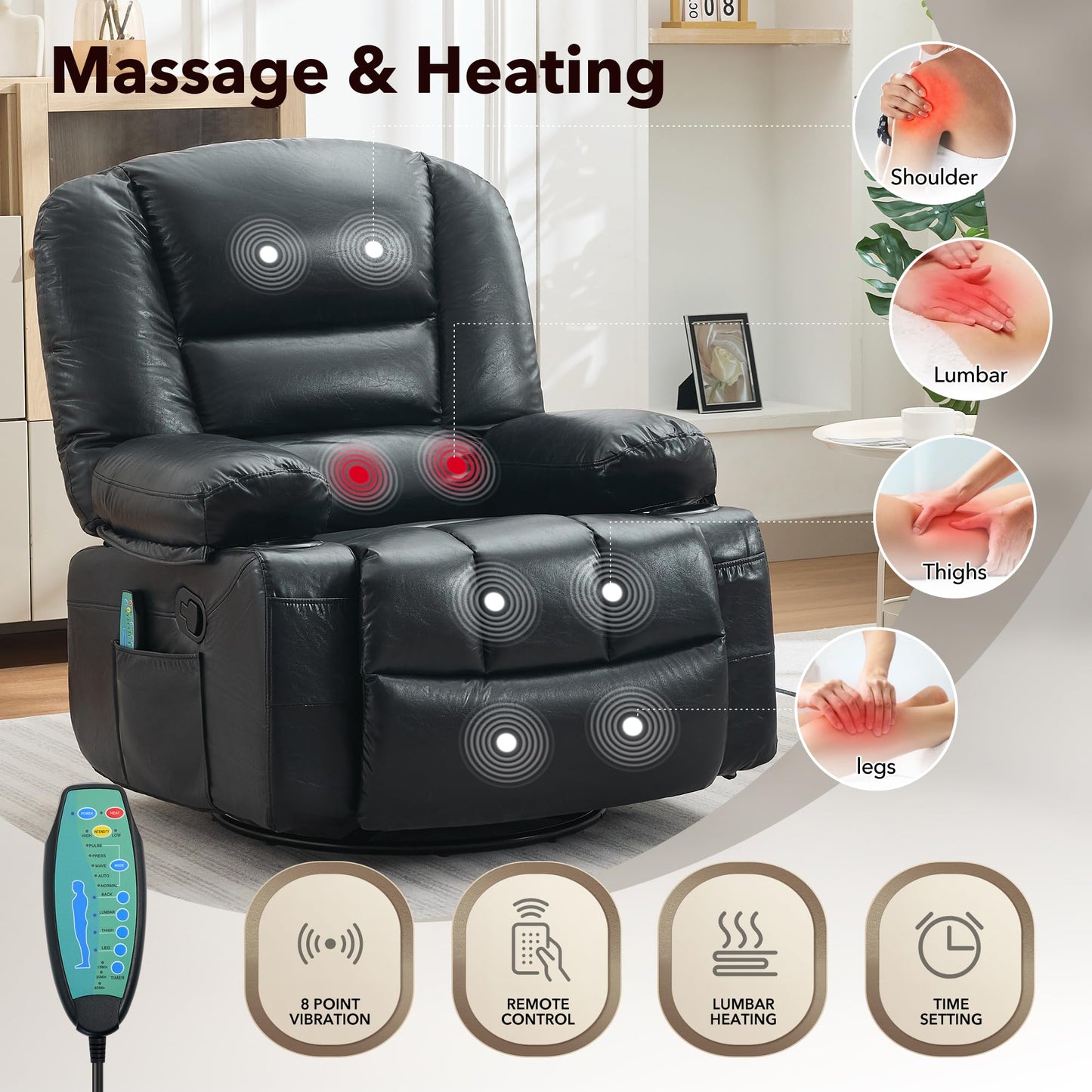 Rocker Recliner Chair with Heat and Massage,Nursery Recliner 360° Swivel Oversized Chairs for Adults,Chenille Lazy Boy Single Sofa Seat with 3 Positions,Side Pockets,Cup Holders for Living Room Black