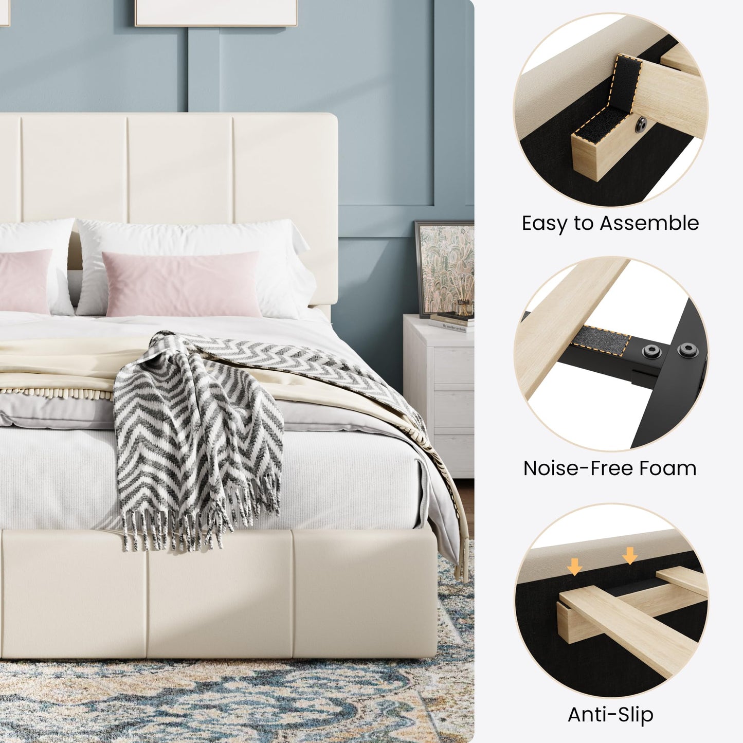 SHA CERLIN King Size Bed Frame, Dutch Velvet Upholstered Platform Bed, Vertical Channel Tufted Adjustable Headboard, Low Profile Bed Frame, No Box Spring Needed, Easy Assembly, Cream