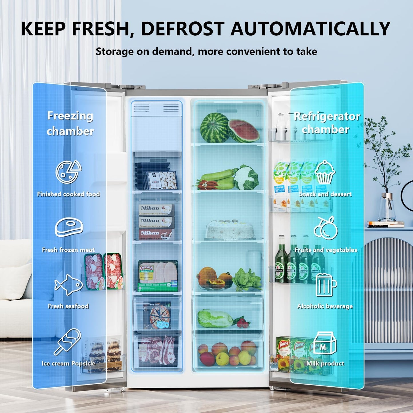 Antarctic Star 20 Cu.Ft French Door Refrigerator, Stainless Steel Fridge with Side Freezer & Water Dispenser, Nugget and Cube Ice Maker, Adjustable Thermostat