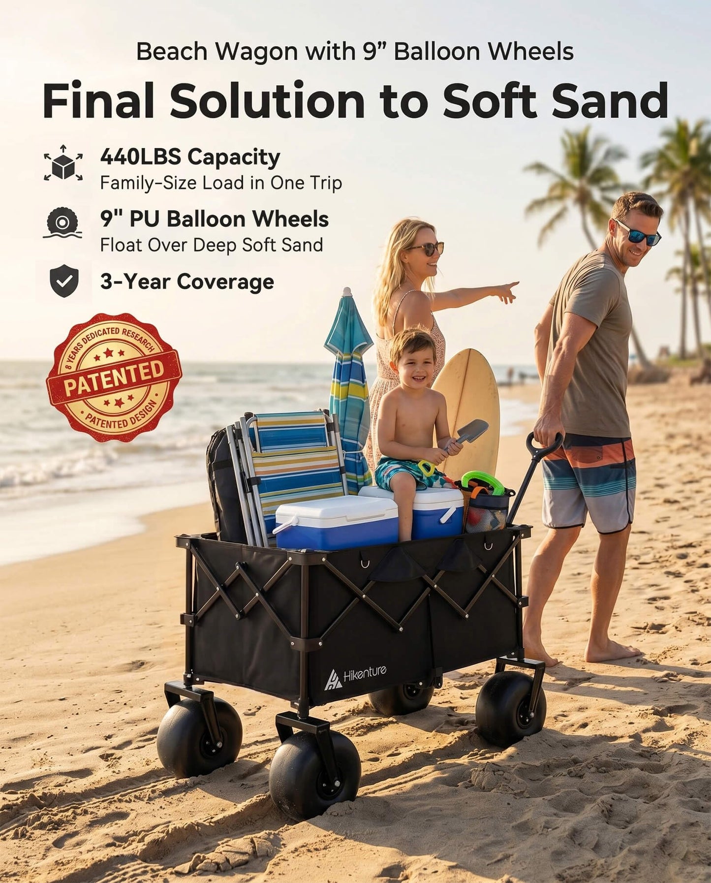 Hikenture Beach Wagon with Balloon Wheels, 9" PU Tires Collapsible Wagon, 440lbs Heavy Duty Beach Cart with Big Wheels for Sand, Large Capacity Utility Wagons Carts Foldable