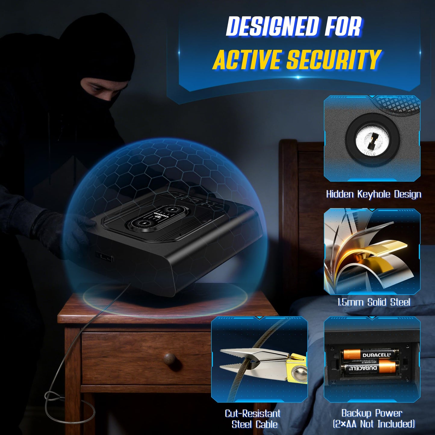 TRRKO Biometric Gun Safe for Handgun | 0.3S Auto-Open Quick Access Pistol Safe with Fingerprint & Wireless Charger, Smart LED Display, Handgun Safe for Nightstand/Bedside/Home, Gift for Gun Owners