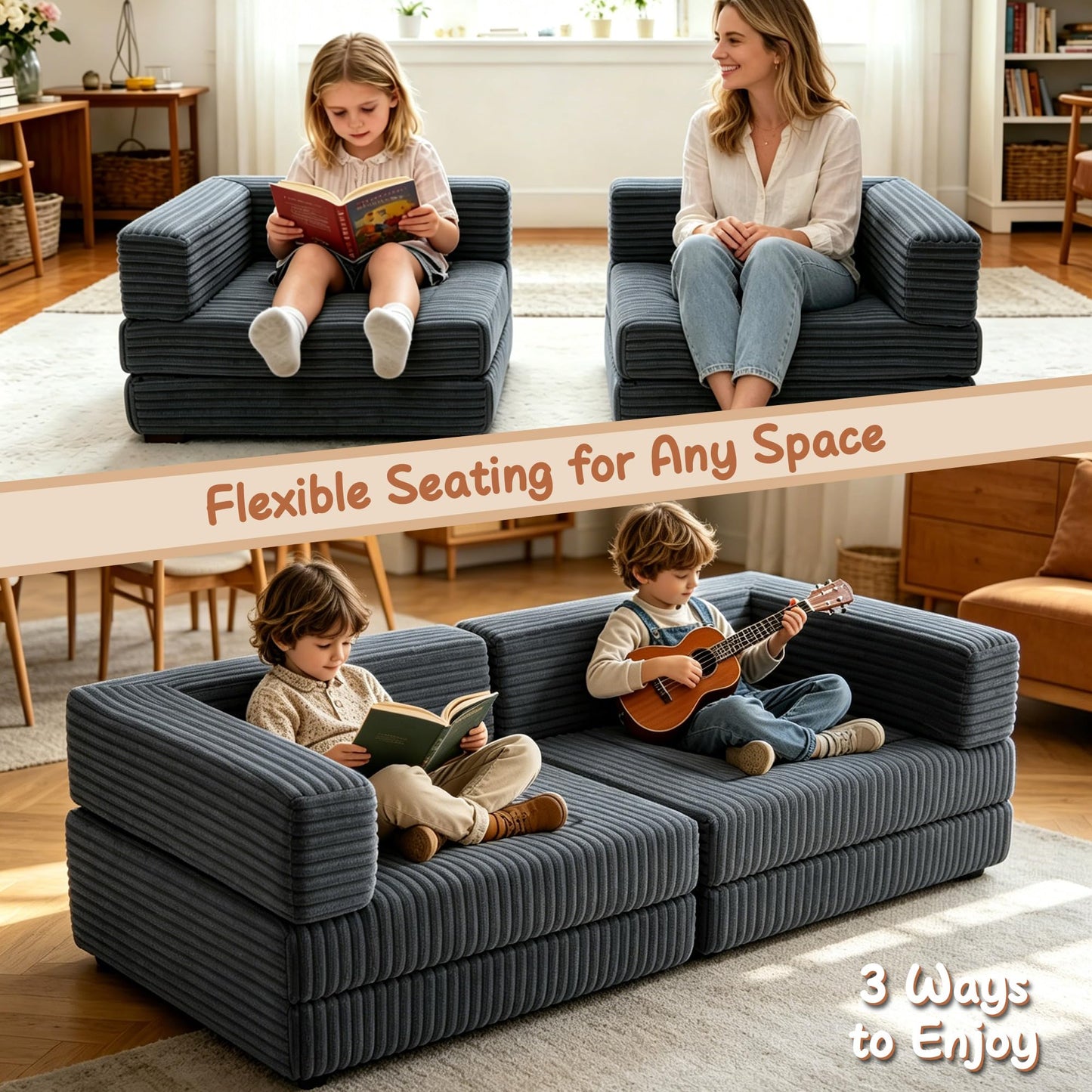 Umoving 2PCS Modular Floor Sofa Set, Convertible Sofa Bed with Adjustable Backrest, Family Seating for Kids, Teens & Adults, Lounge Couch for Gaming, Reading & Relaxing, Grey