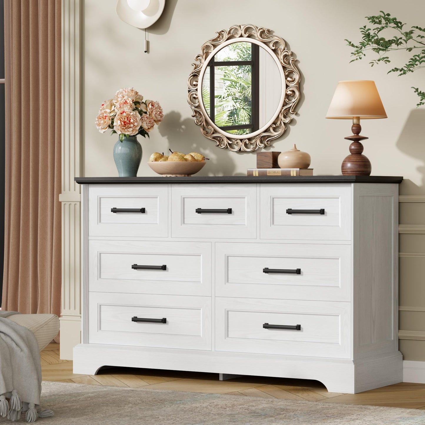 Furmax Farmhouse Dresser for Bedroom, 7 Drawers Dresser, Wood Chest of Drawers, 47.5" Wide Storage Dressers Organizer for Bedroom, Living Room, White and Black