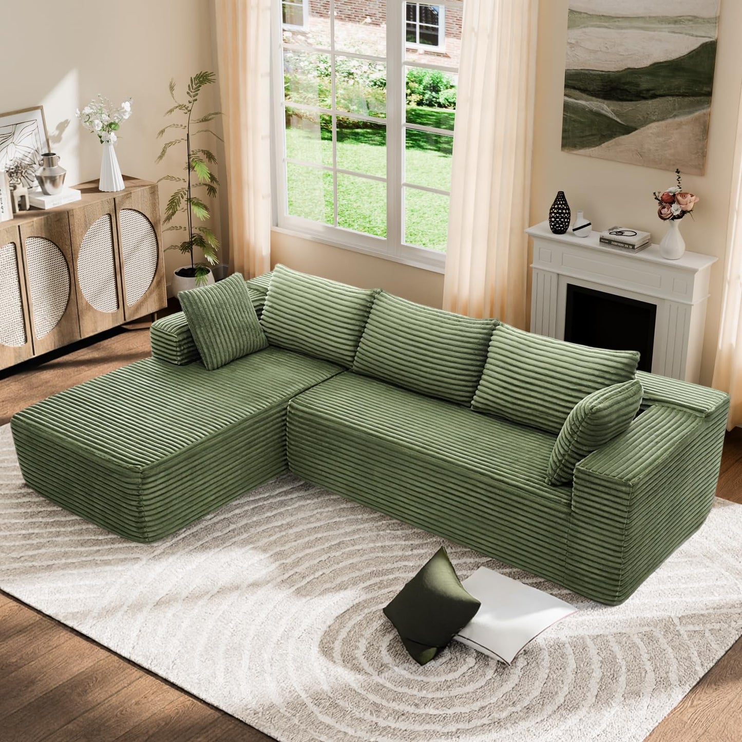 TRUNBACK 106" Modular Sectional Sofa, Green Corduroy Cloud Couch with Right Chaise, Deep Seat Boneless Floor Sofa for Living Room, High-Resilience Foam Support, No Assembly Required, Includes Pillows