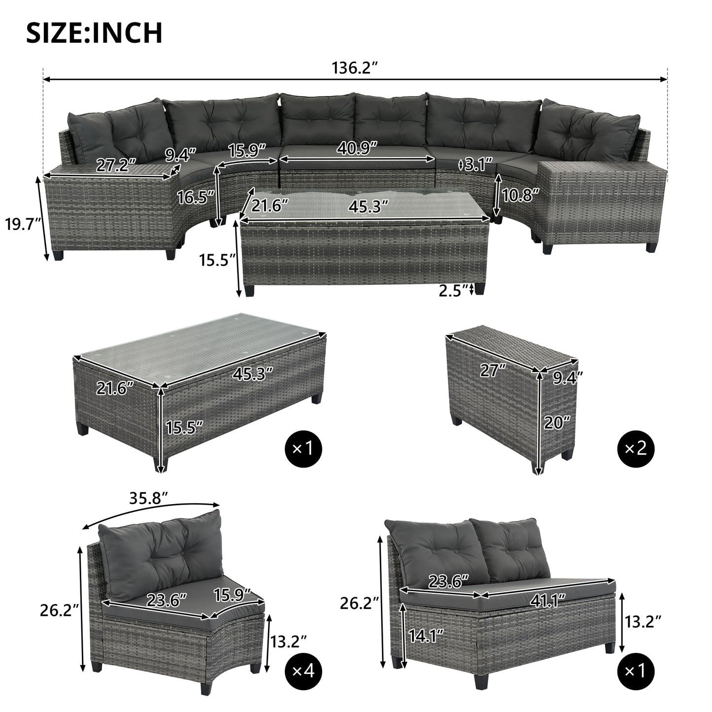 8-Piece Outdoor Wicker Round Sofa Set, Half-Moon Sectional Sofas with Cushions, PE Rattan Curved Lounge, Rectangular Coffee & Side Tables, Sturdy Patio Seating for Garden, Deck, Balcony, Gray