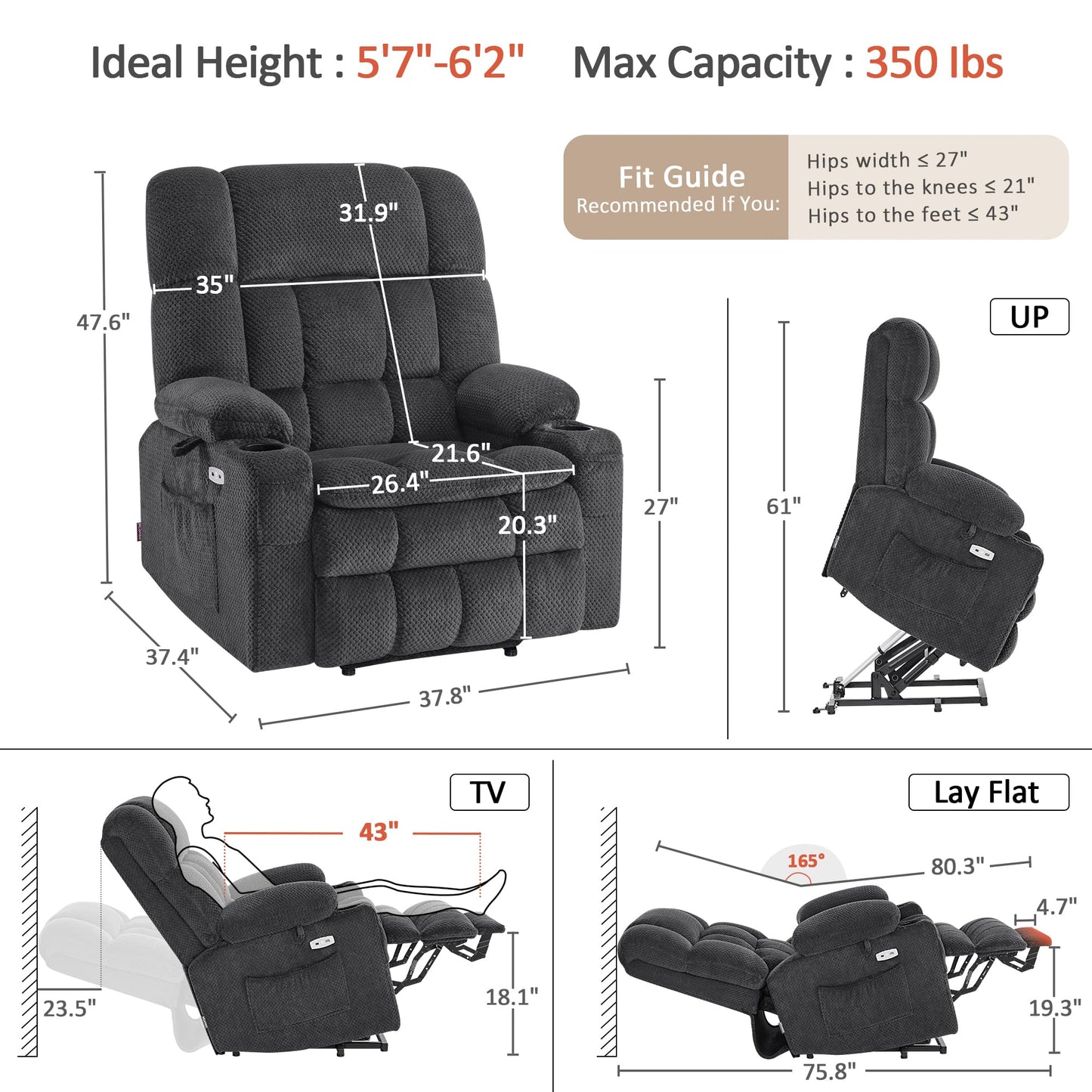 MCombo Oversized Power Lift Recliner Chair for Elderly, Dual Motor Lift Chair with Heat and Massage, Lay Flat Lift Chair for Big and Tall, Cup Holders, Fabric R7891 (Oversize, Dark Gray)