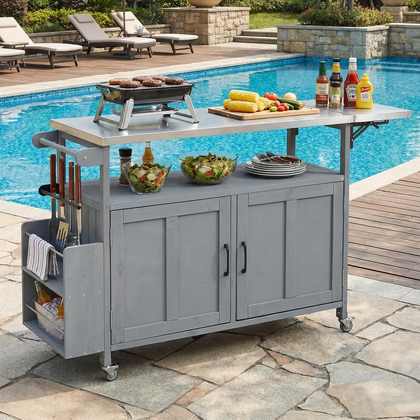 Outdoor Kitchen Island Cart with Foldable Stainless Steel Top, Rolling Grill Table with Adjustable Shelf Storage Spice Rack and Towel Holder, Wooden BBQ Prep Station with Lockable Wheels, Grey