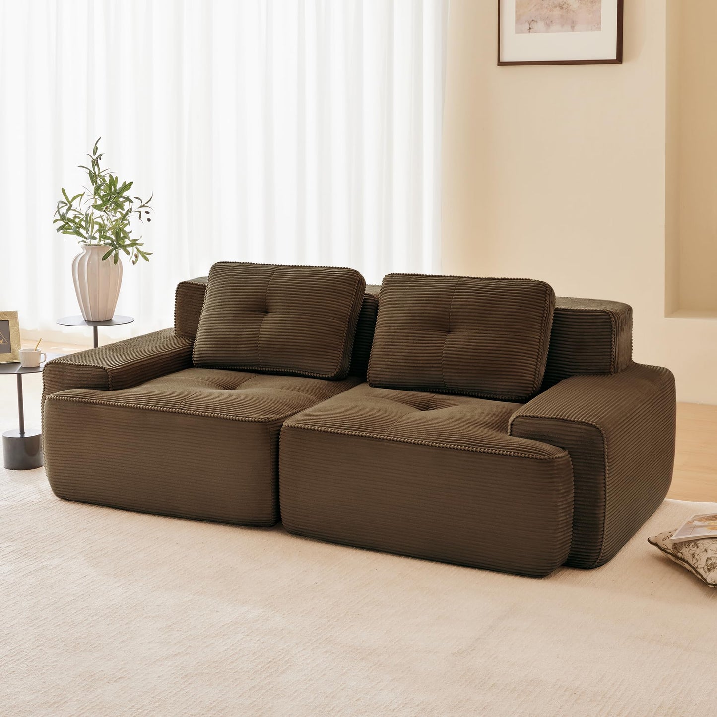 KEIKI 80" Oversized Corduroy Modular Sectional Loveseat Sofa with High-Density Foam Cushion & 2 Pillow, Upholstered Anti-slip Design 2-Seater Tufted Couch, No Assembly Required, for Living Room, Brown