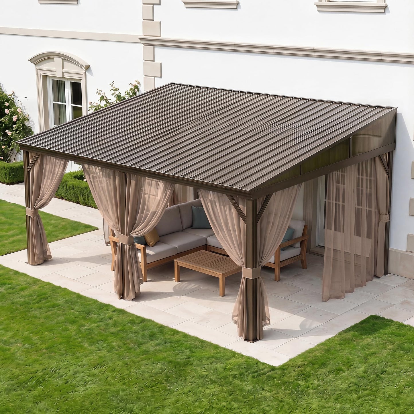 Domi 12x16FT Wall Mounted Gazebo Aluminum Frame, Lean to Gazebo Hardtop with Galvanized Steel Sloping Roof, Curtains and Netting for Patio Deck Backyard Lawn Party