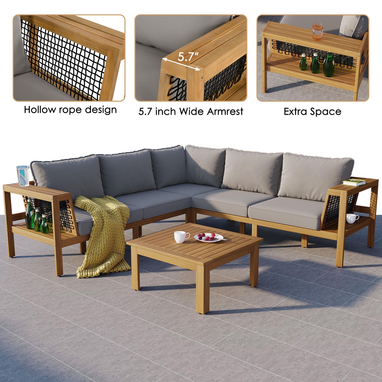Merax 4 Pieces Patio Furniture Set, Outdoor L-Shaped Sectional Sofa Set with Coffee Table, Acacia Wood Conversation Seating & Thick Cushions and Side Table, for Backyard, Garden and Poolside, Grey