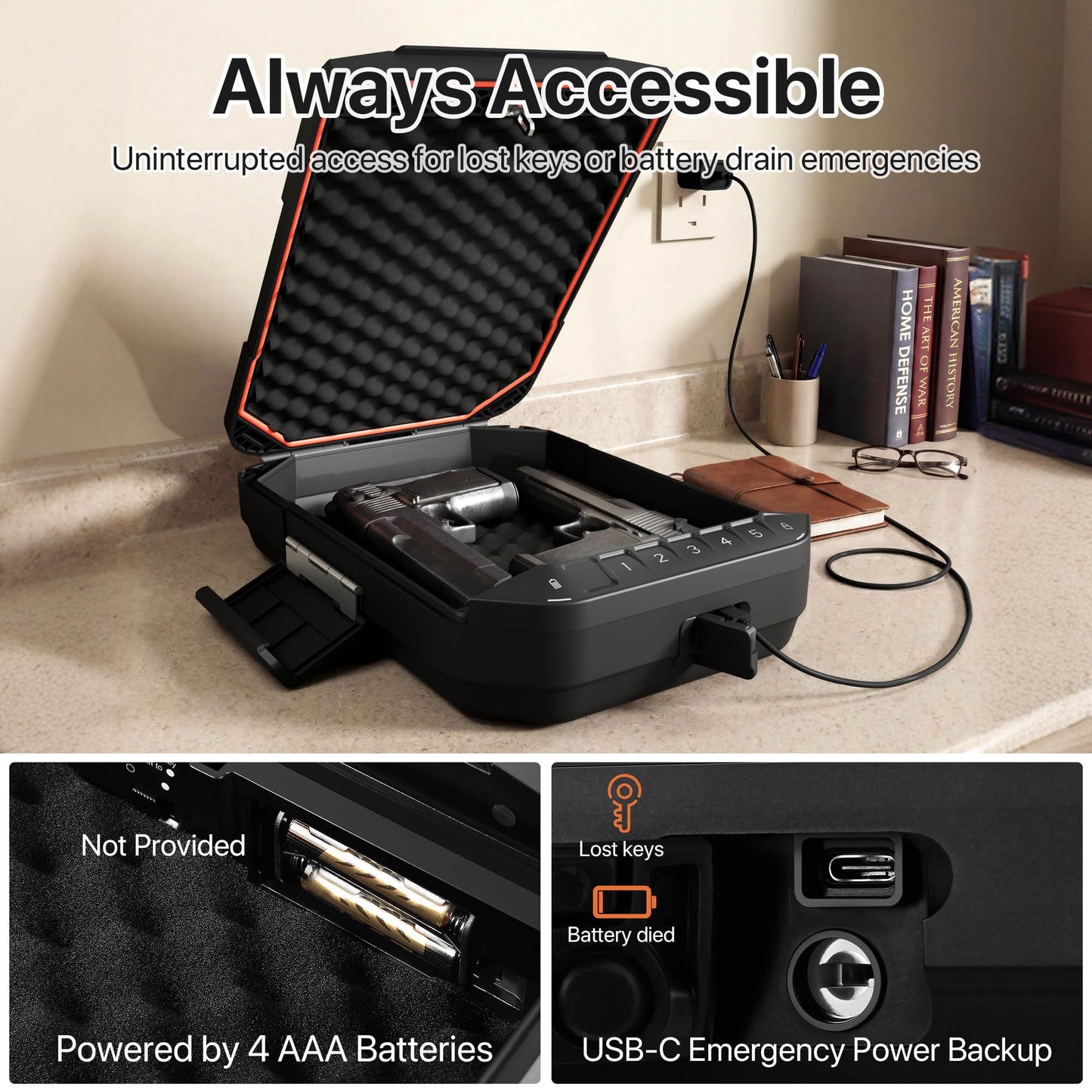 BE-TECH Portable Full-Size Biometric Gun Safe for Handgun,Weatherproof Quick Access Pistol Safe with Fingerprint Keypad,Handgun Case Lock Box with Steel Cable & Pluck Foam for Car, Nightstand,Travel