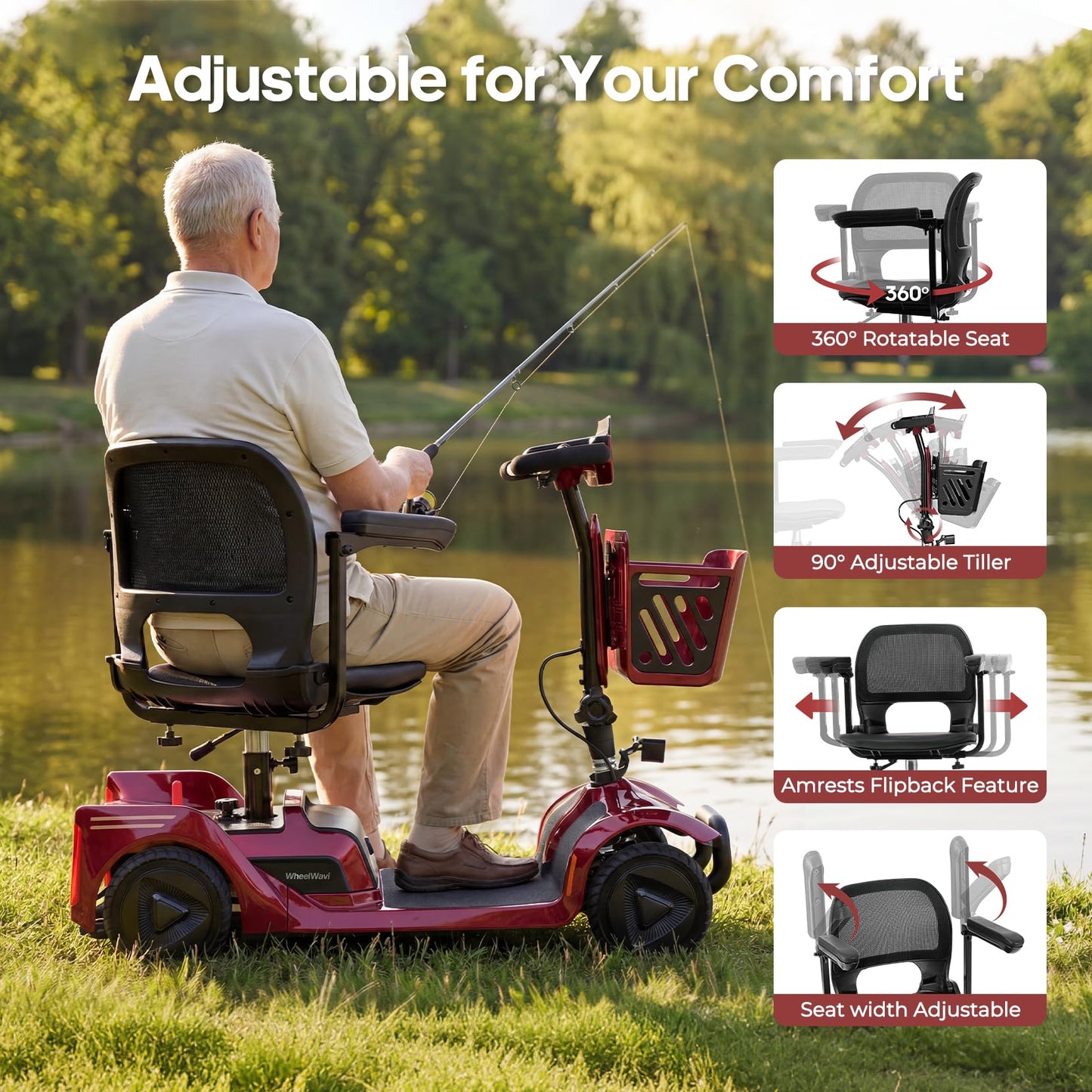 2026 New 4-Wheel Foldable Electric Mobility Scooter, Heavy Duty Portable Travel Scooter with NFC Keyless Unlock, 15 Miles Long Range, Removable Battery, Digital Display, 300 Lbs Weight Capacity, Red