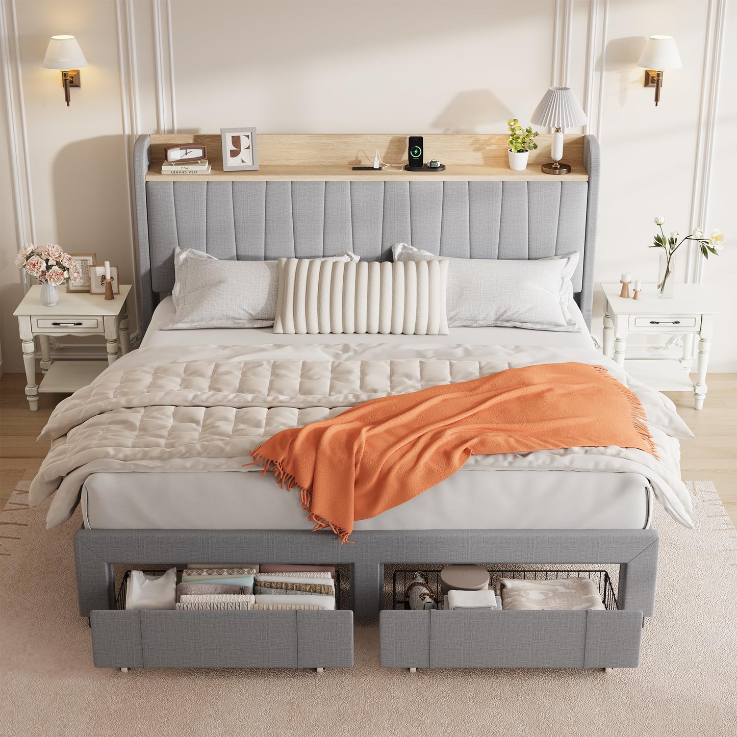 GarveeHome King Size Bed Frame with Storage Headboard, Upholstered Platform Beds with Drawers, Charging Station, Noise-Free, No Box Spring Needed, Easy Assembly, Light Grey