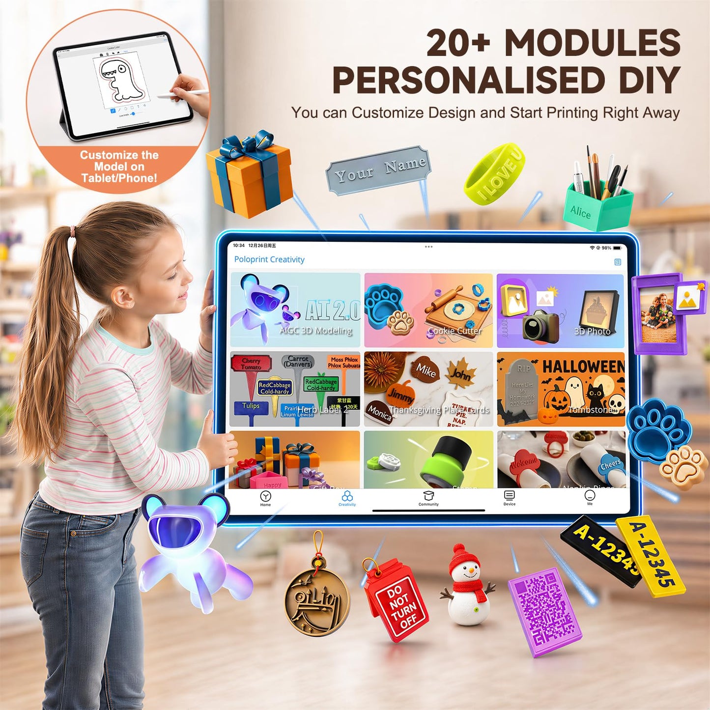 HEPHi3D TINA2S 3D Printer for Kids, Fully Assembled 3D Printers for Beginners with Huge Library APP Control, WiFi Mini 3D Printer Auto Leveling, Kid 3D Printers High Precise for Home, School, Office