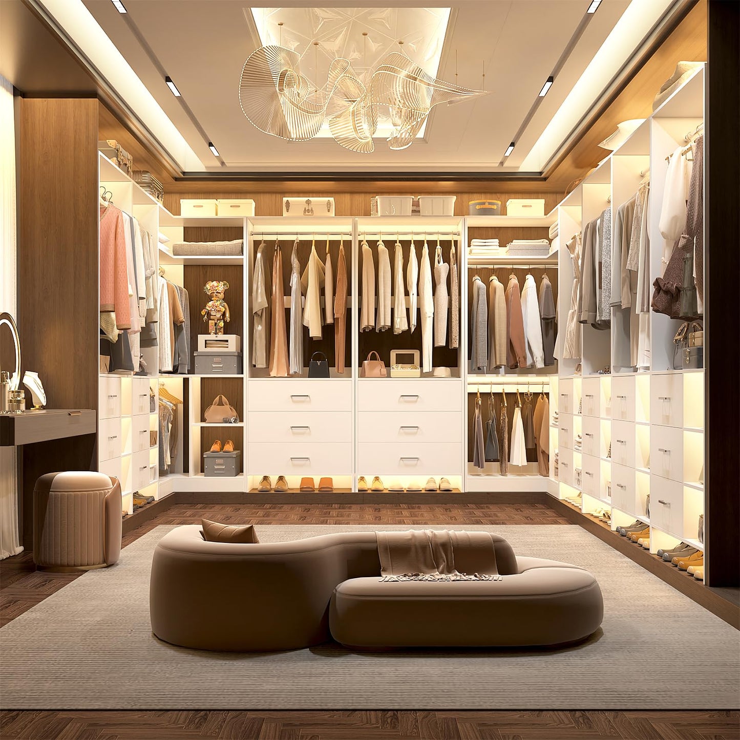 Aheaplus Closet System with 6 Drawers, 6 Hanging Rods & Corner Tower, Corner Closet System with Hanging, 112.5" U-Shaped Walk-In Wardrobe Organizer, 2000+ lbs Capacity, Set of 4, -U4, White