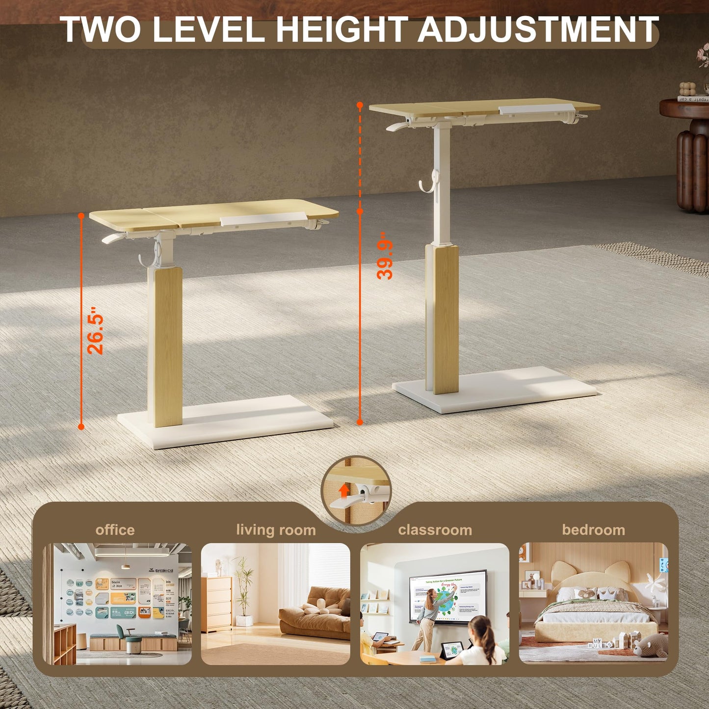 ETHU Overbed Table with Adjustable Height of 26.5”-39.9”, Rolling Laptop Standing Desk with Wheels, Extra-Large Tiltable Tabletop Mobile Work Desk for Bedside, Sofa and Home Office, Oak