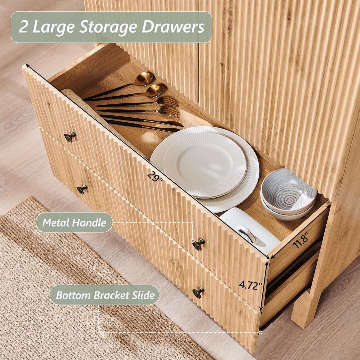 IFGET Fluted Arched Pantry Cabinet, 71" Tall Kitchen Storage Pantry Cabinet with Adjustable Shelves and 2 Large Drawers, Freestanding Morden Versatile Cupboard for Living Room, Bathroom, Natrual