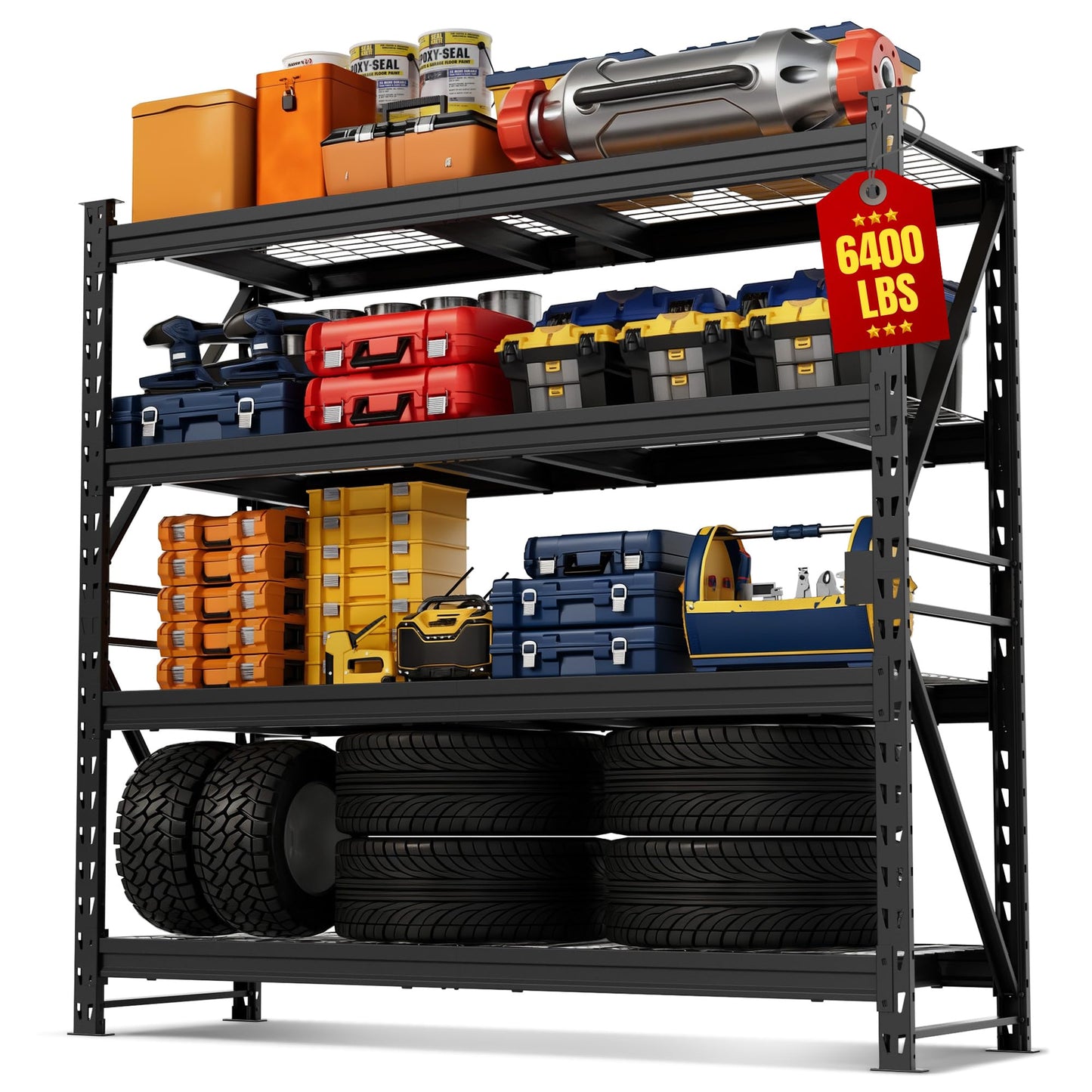 WORKPRO 77" Extra-Width Garage Shelving Units, 6400LBS Heavy Duty Utility Shelves, 4 Tier Industrial Adjustable Metal Storage Rack for Warehouse Shop Basement Organizers, 77”W x 24”D x 72”H