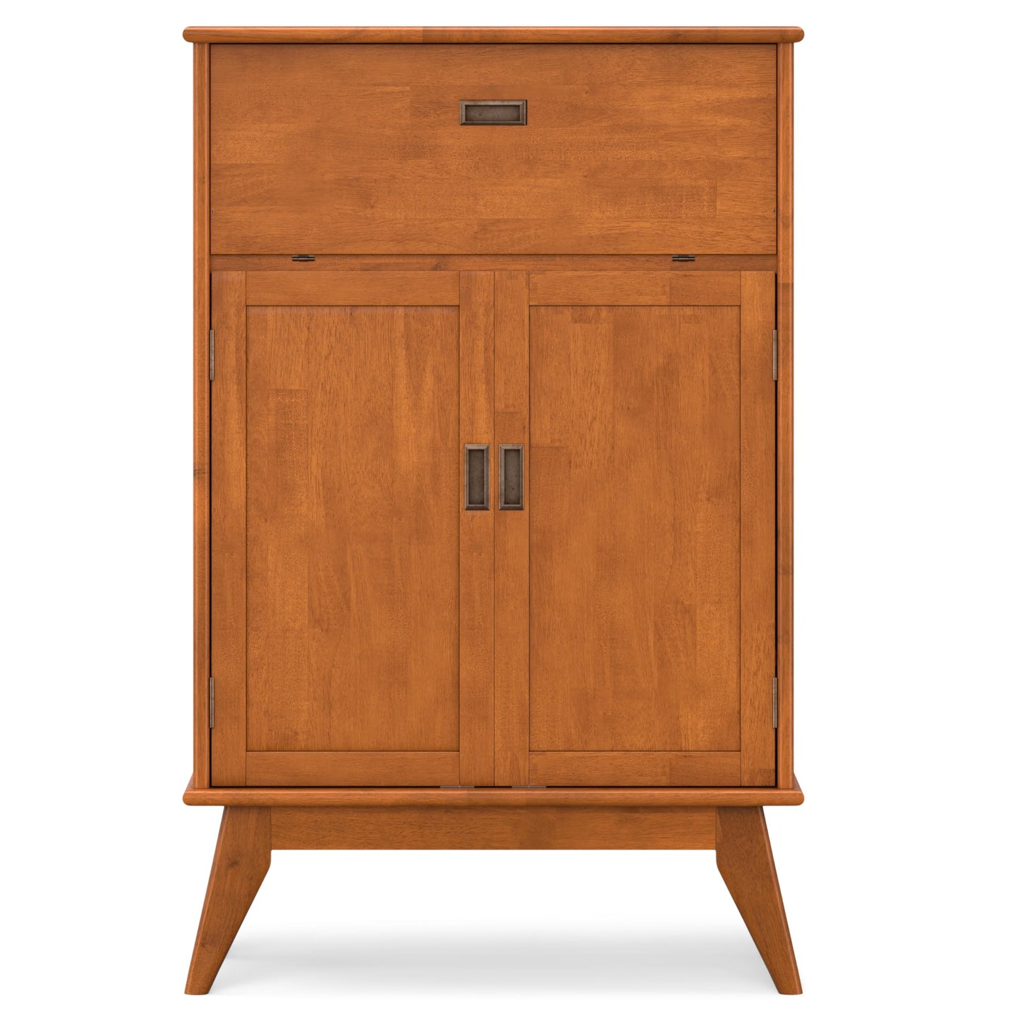 SIMPLIHOME Draper Bar Cabinet - 32 inch Wide Solid Hardwood Beverage Cabinet in Teak Brown, Mid-Century Modern Wine Storage for Dining Room or Kitchen with Drop-Down Shelf and Stemware Rack