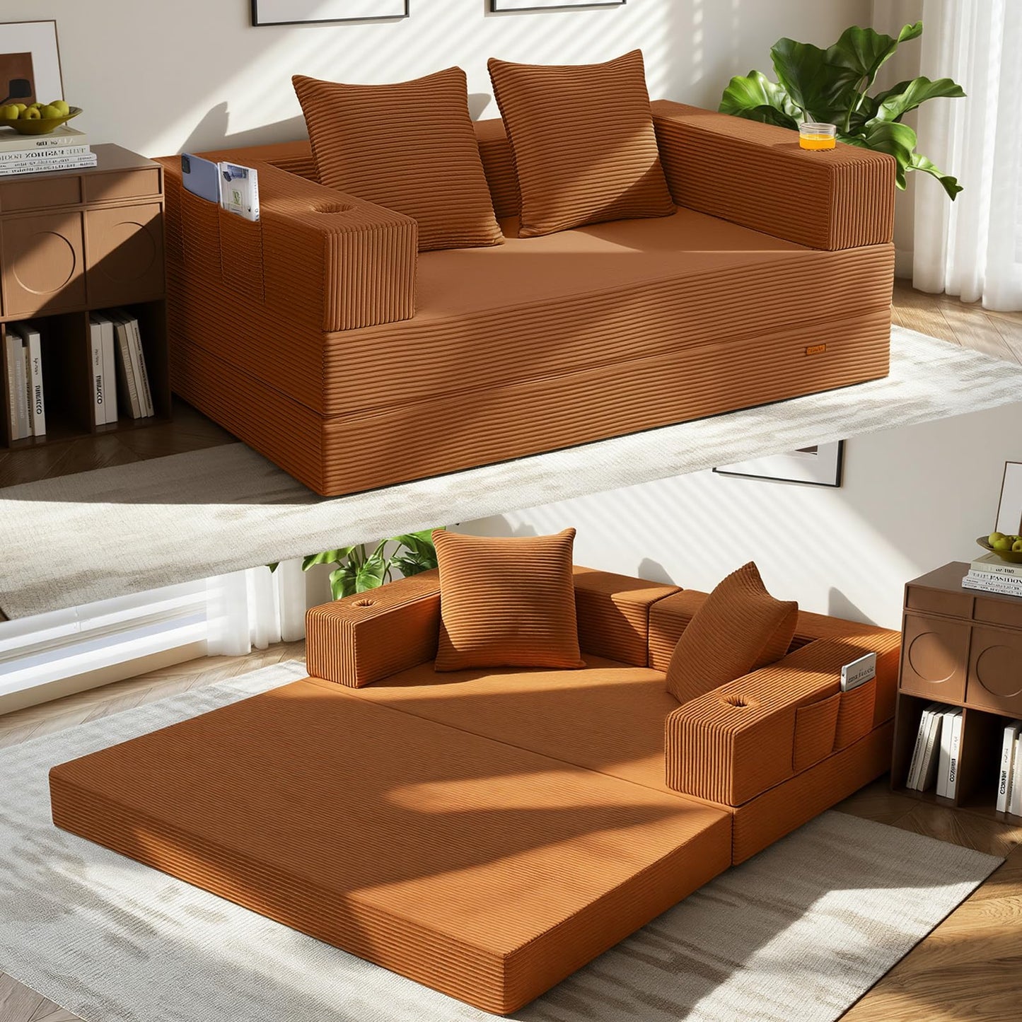 COMAX Futon Sofa Bed, 4‑in‑1 Convertible Sofa Bed, Folding Boneless Couches for Living Room, Fold Out Small Foldable Loveseat Floor Sleeper Comfy Mattress Lounge Space‑Saving, Orange