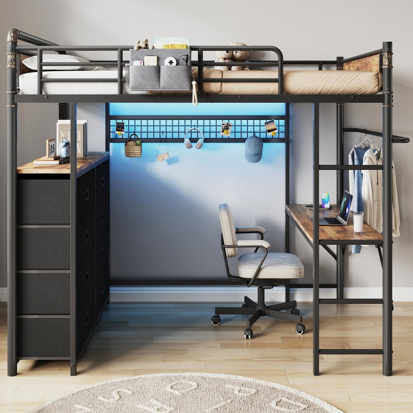 Twin Loft Bed with Desk and 8 Storage Drawers, Metal Loft Bed Twin Size with LED Lights & Charging Station, Bed Frame with Hanging Rod, Safety Guardrail & Ladder, for Kids & Teens (Rustic Brown)