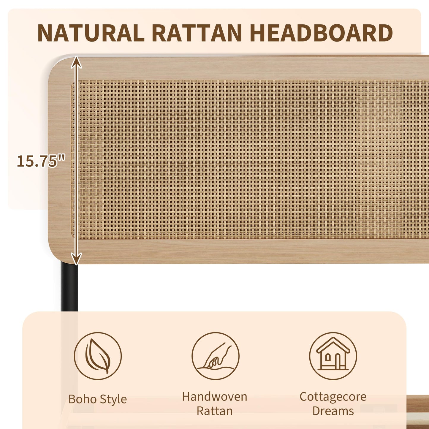 Rattan King Bed Frame with Headboard, Boho King Platform Beds, Natural Woven Rattan Headboard, Heavy Duty Slat Support Platform, No Box Spring Needed, Under Bed Storage, Noise Free, Easy Assembly