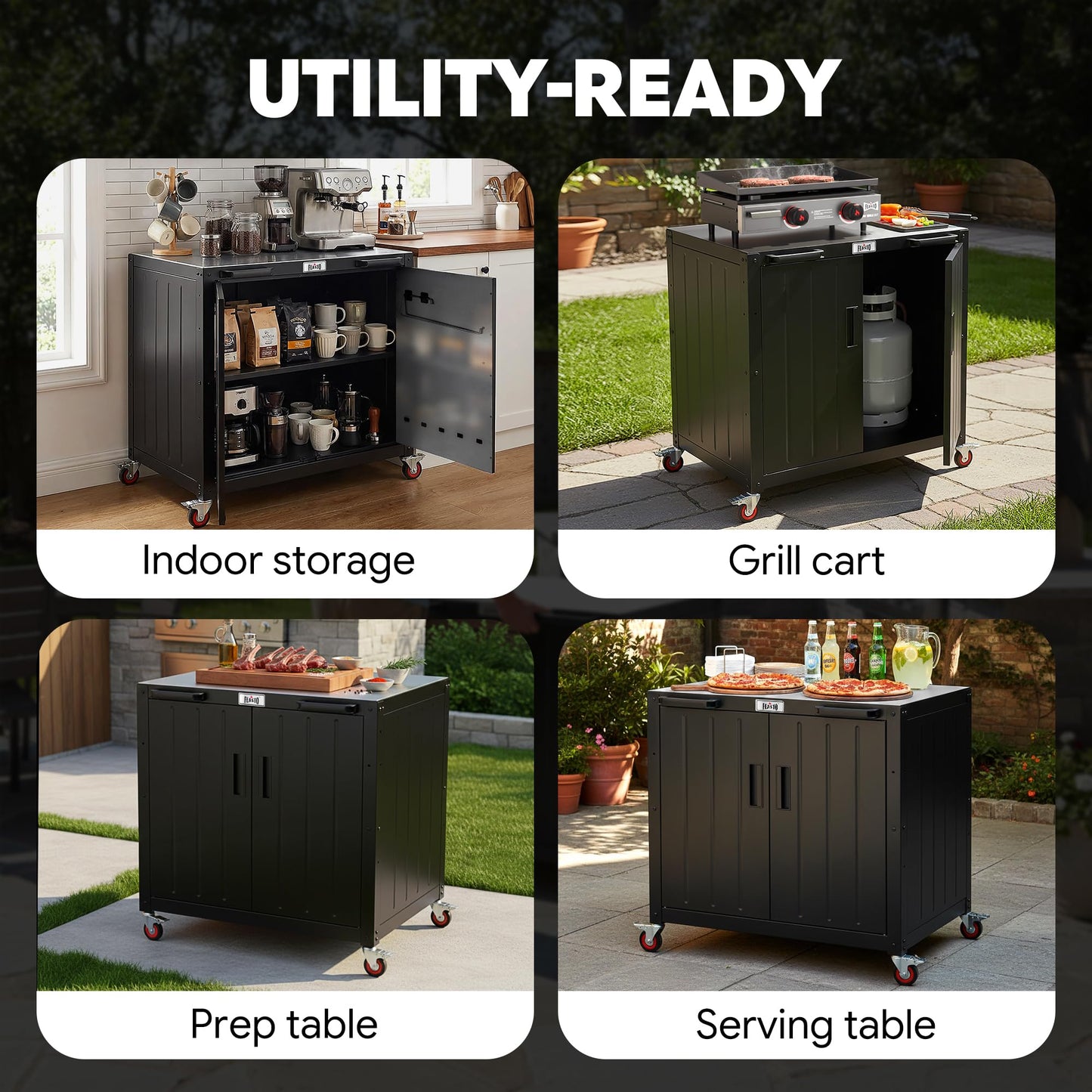 Feasto Outdoor Grill Cart with Storage Cabinet and Stainless Steel Top, 35-Inch Outdoor Grill Station with Door, Modular Kitchen Island for Food Prep and BBQ, Black & Silver