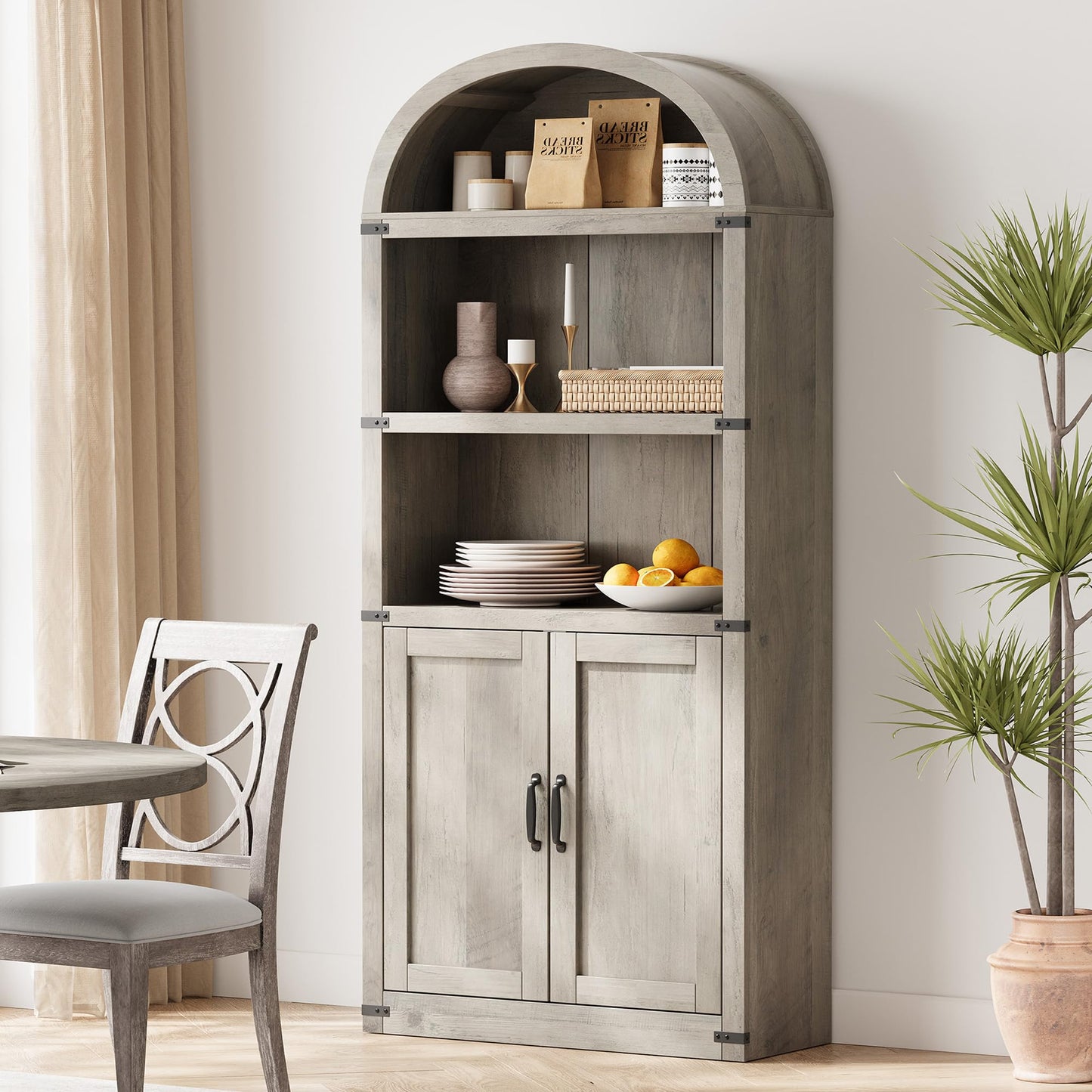 GarveeHome Bookcase with Doors Arched Bookshelf 71.65 in Tall Bookcase Farmhouse Cabinet with Shelves Wooden Bookshelves for Home Office, Living Room (Grey)