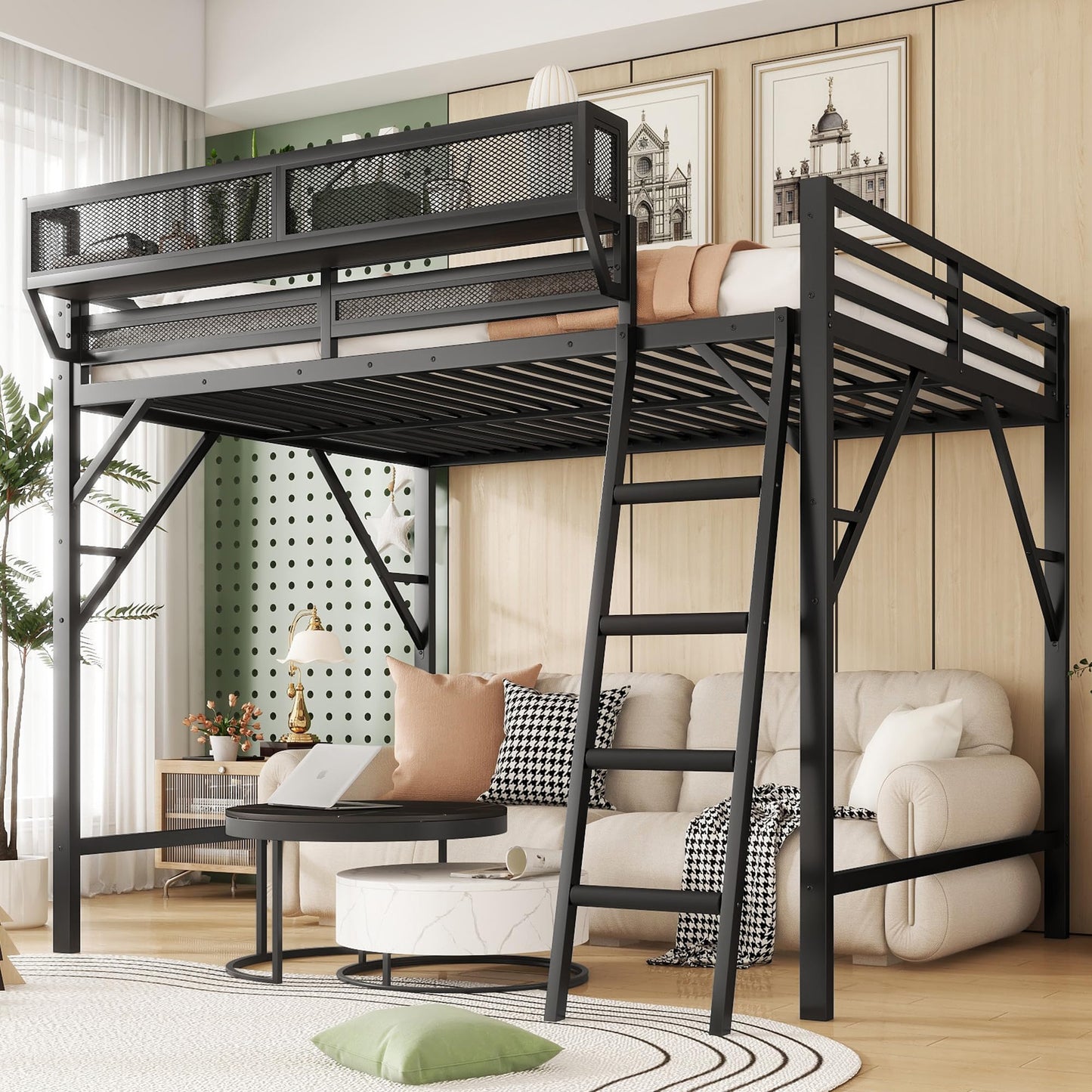 KEIKI Full Size Metal Loft Bed Frame with Ladder and Built-in Storage Shelves, for Teens, Modern Style Loft Bed with Solid Slats, Guardrail, No Box Spring Required, Easy Assembly, for Bedroom, Black