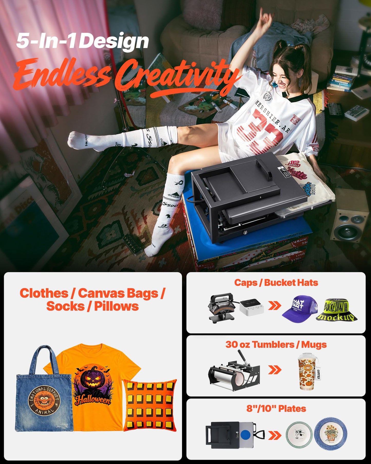 VEVOR Hybrid Heat Press, 15 x 15 inch, 5-in-1 Multifunction, Heat Up Fast and Even, All-New Patented Design, Easy to Control, Sublimation Press Machine for T-Shirts/Mugs/Tumblers/Caps/Plates, Black