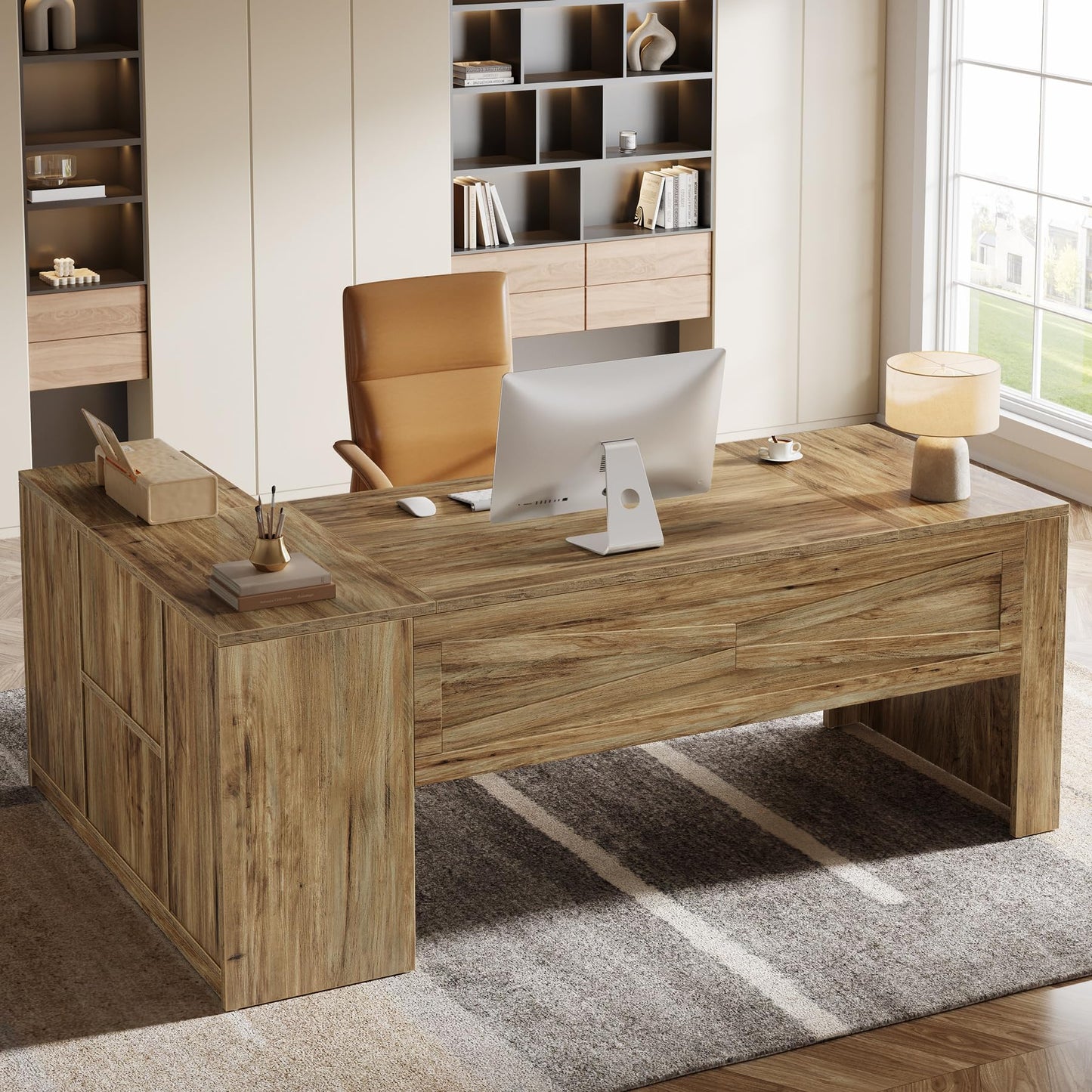 Tribesigns 71 Inch Executive Desk with Storage Cabinet, Large Office Desk L Shaped Computer Desk with Storage Shelves, Business Furniture Desk Workstation for Home Office, Rustic Brown