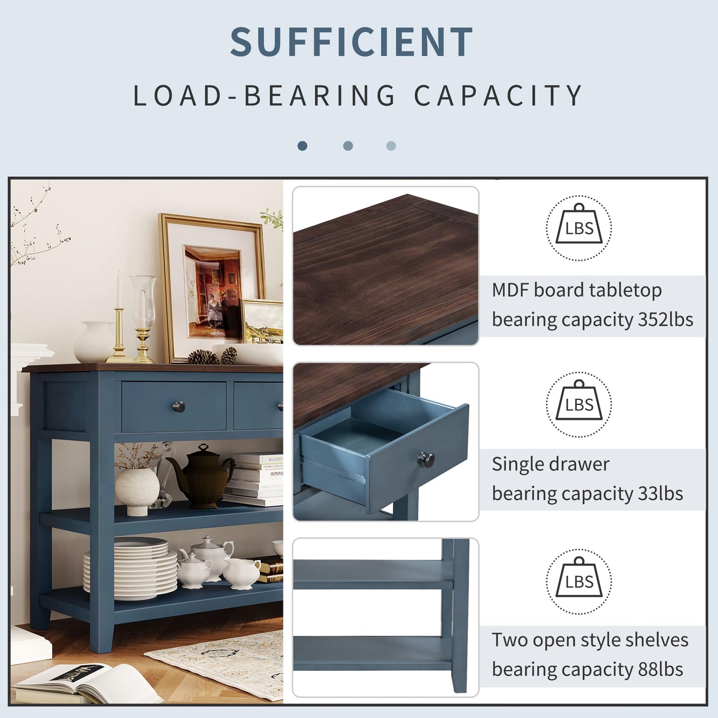 Merax Navy Retro Pine Wood Console Table with Drawers and Two Open Shelves for Entryway Hallway Living Room Bedroom, Type 11