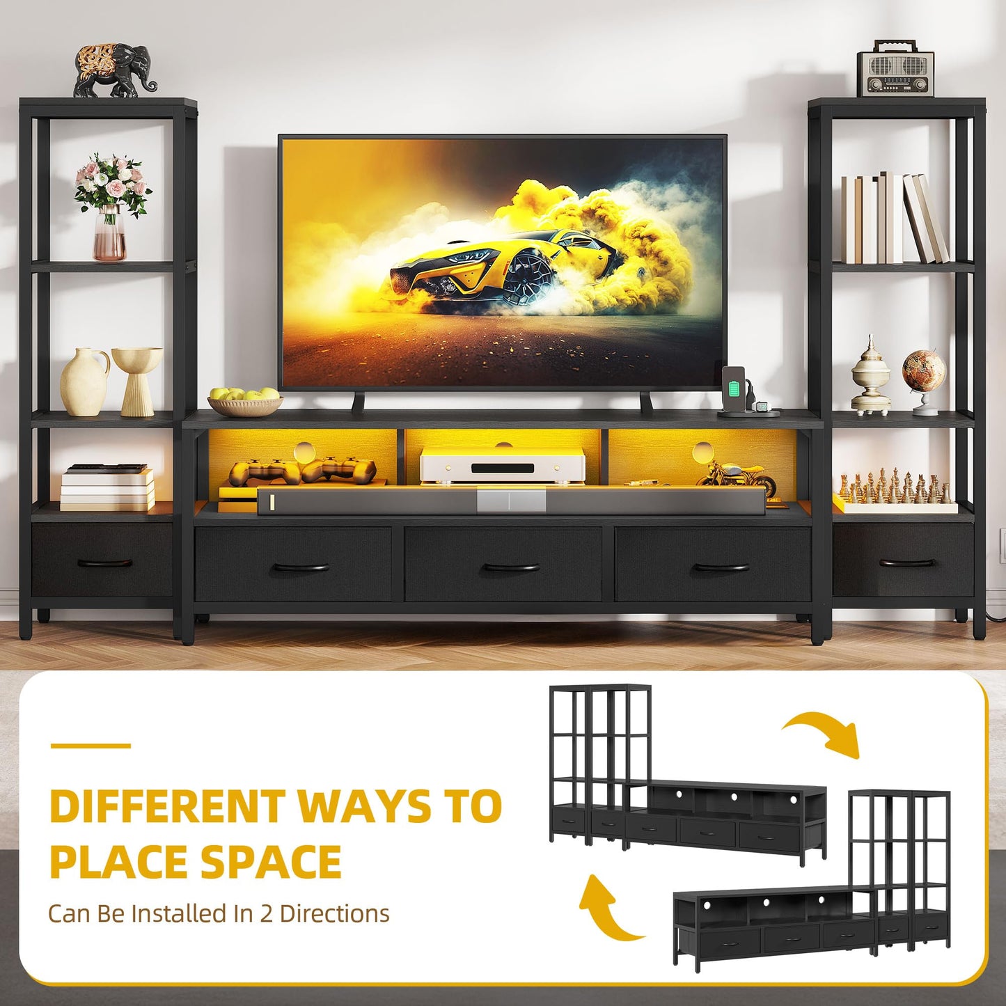 DWVO Entertainment Center with Bookshelves, LED TV Stand for 65/60 inch TV, Black TV Stand for Living Room with 2 Modern 4-Tier Bookshelves & Power Outlets, Black