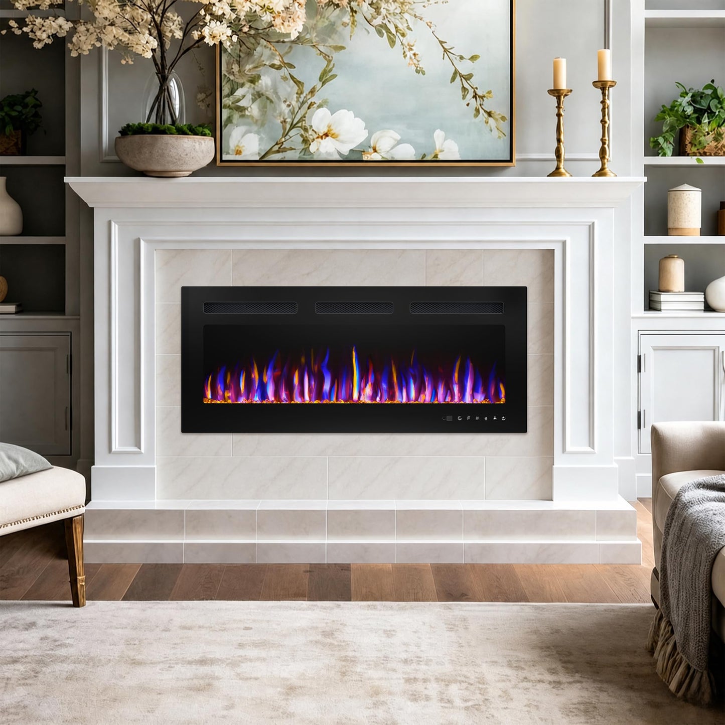 BETELNUT 40" Electric Fireplace Wall Mounted and Recessed with Remote Control, 750/1500W Ultra-Thin Wall Fireplace Heater W/Timer Adjustable Flame Color and Brightness, Log Set & Crystal Options