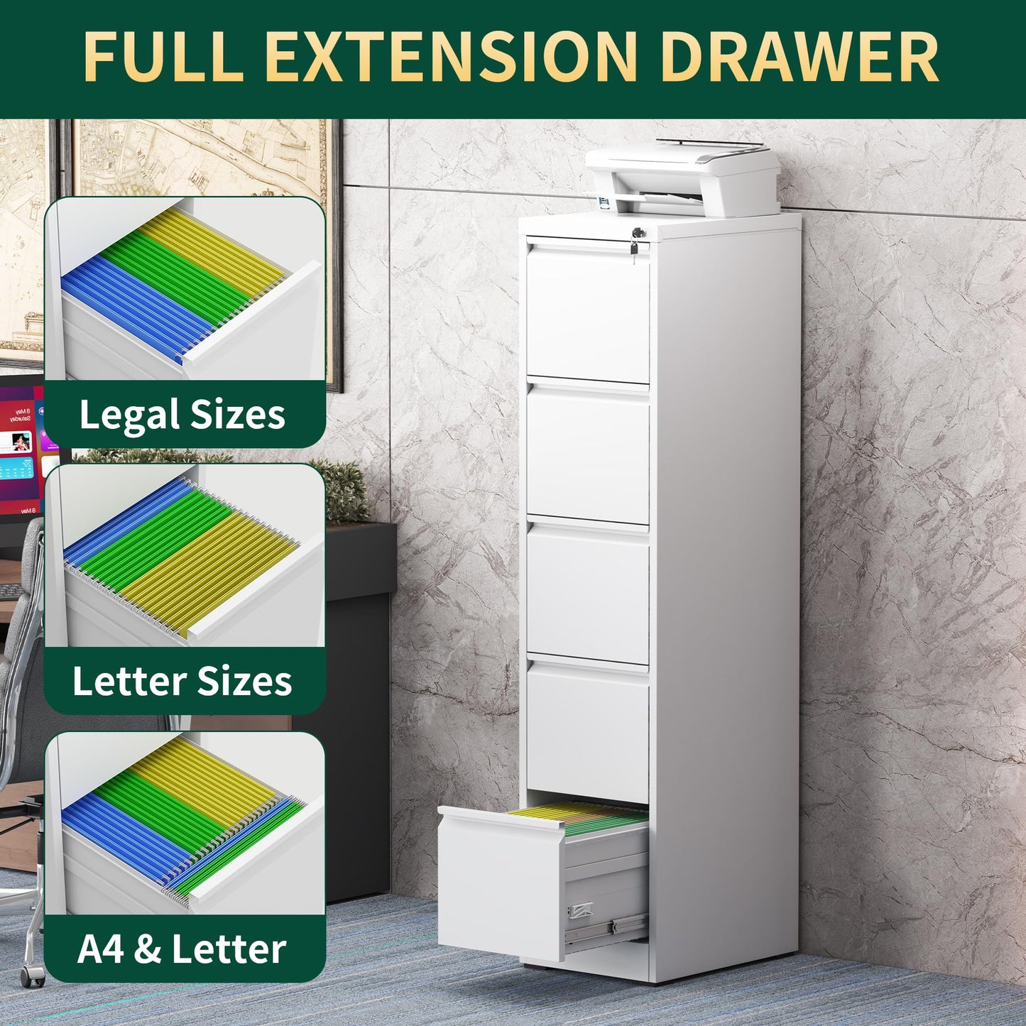 FOSTOKO 5 Drawer File Cabinet with Lock, Steel Vertical Filing Storage Cabinet for Home Office, Heavy-Duty File Cabinets for Letters/Legal/A4 (Require Assembly, White)