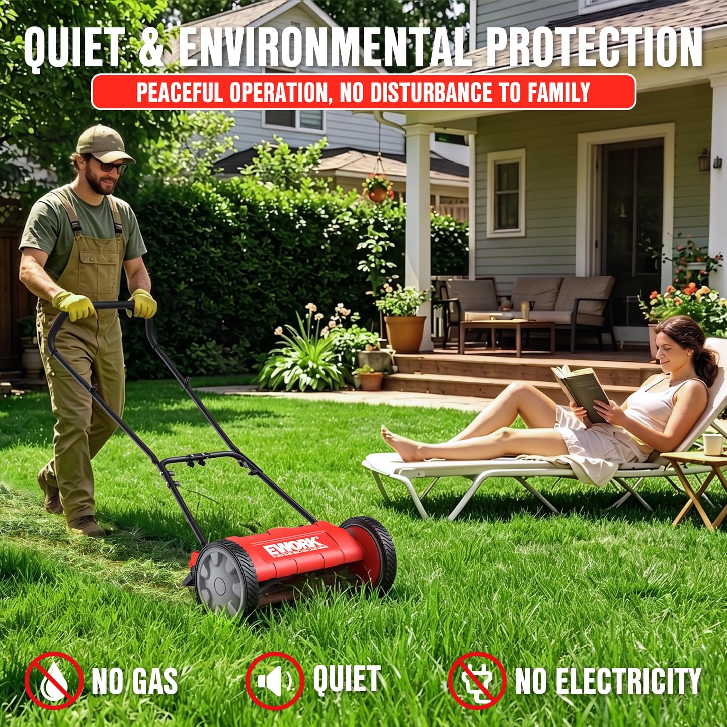 EWORK Push Reel Lawn Mower, 23-Inch Manual Lawn Mower with 4 Adjustable Cutting Heights, 5-Blade Cutting System, Sponge-Wrapped Handle, Tool-Free Assembly, Reel Mowers for Garden, Small Yard