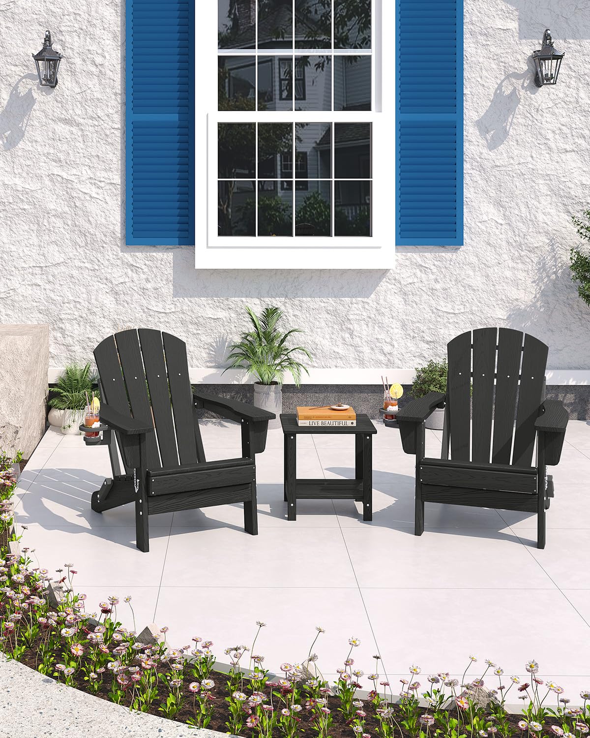 GarveeLife Folding Adirondack Chair Set of 4 with 2 Side Table, All-Weather HDPE Outdoor Chair, Wooden Textured with Cup Holder for patios, Decks, Gardens, fire pits, Black