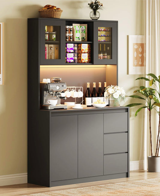 Garvee Kitchen Pantry Cabinet,71 in Tall Storage Cabinet with Doors and Shelves Adjustable, Kitchen Storage Hutch with Microwave Shelf, Led Lights and Charging Station,Corner Pantry Cabinet, Black