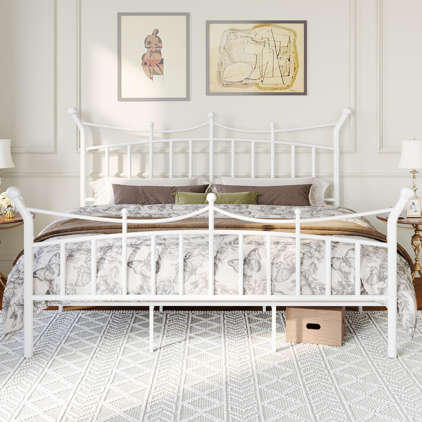 Allewie 14 Inches King Size Metal Platform Bed Frame with Elegant Crown Iron-Art Headboard & Footboard, Sturdy Mattress Foundation with Under-Bed Storage, Easy Assembly, No Box Spring Needed, White