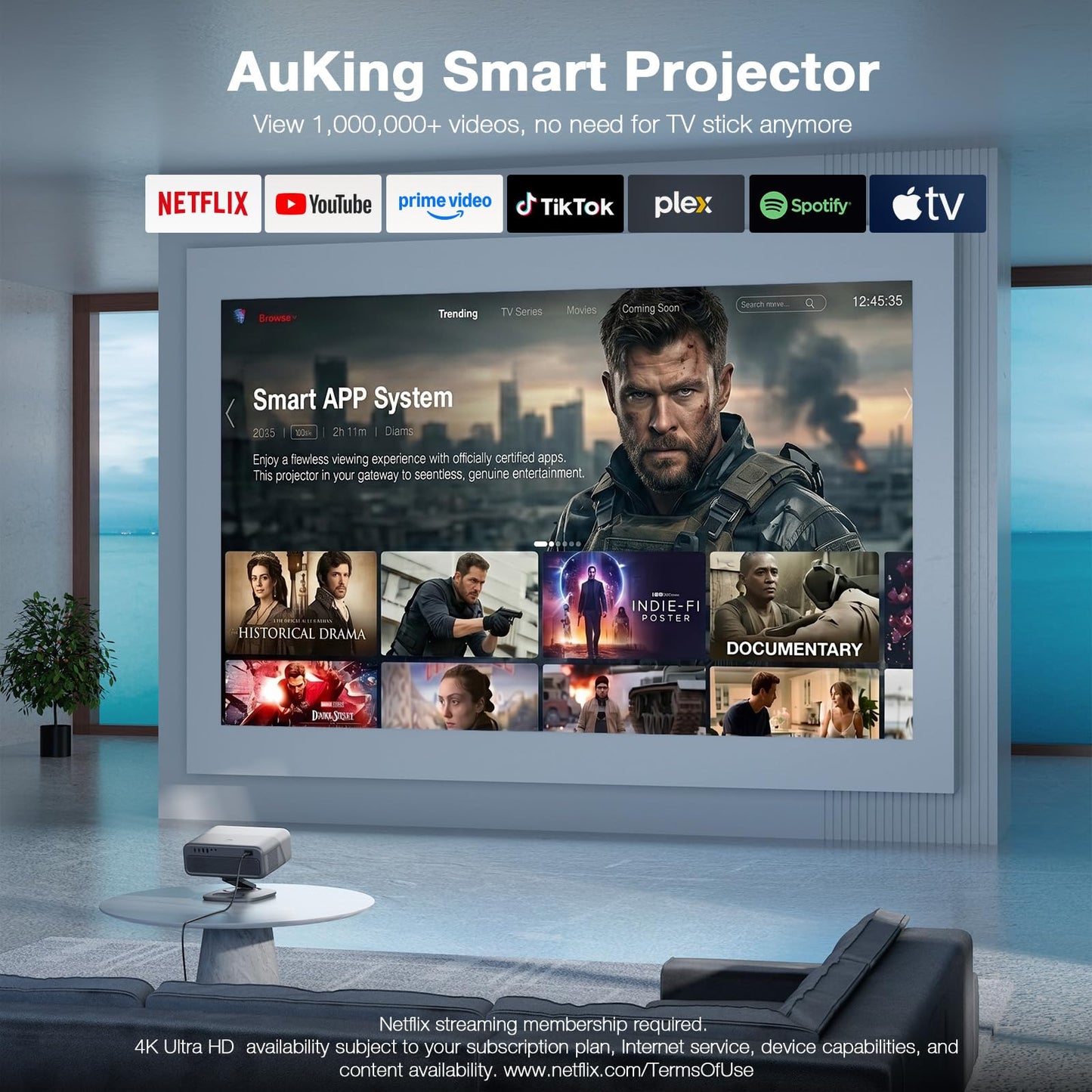 [Now with Netflix & 4000 ANSI] 4K Projector with WiFi and Bluetooth,TOF Real-Time Auto Focus Projector, AuKing Outdoor Movie Home Proyector with Omni-Adjustable Stand(silver grey)